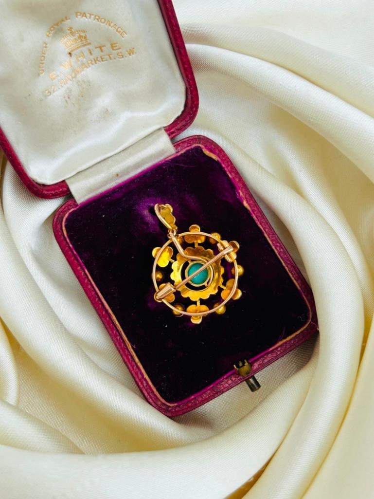 Antique 18ct Yellow Gold Pearl and Turquoise Flower Pendant in Original Box - 6
