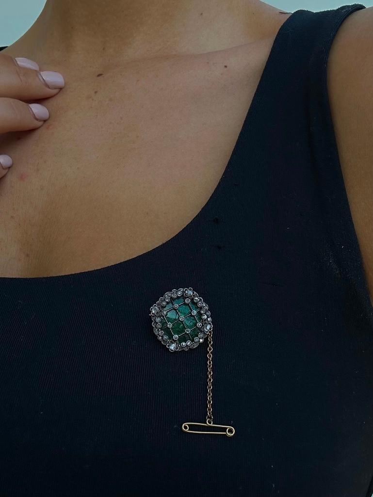 Edwardian Era Green Enamel and Rose Cut Diamond Gold Brooch - 2