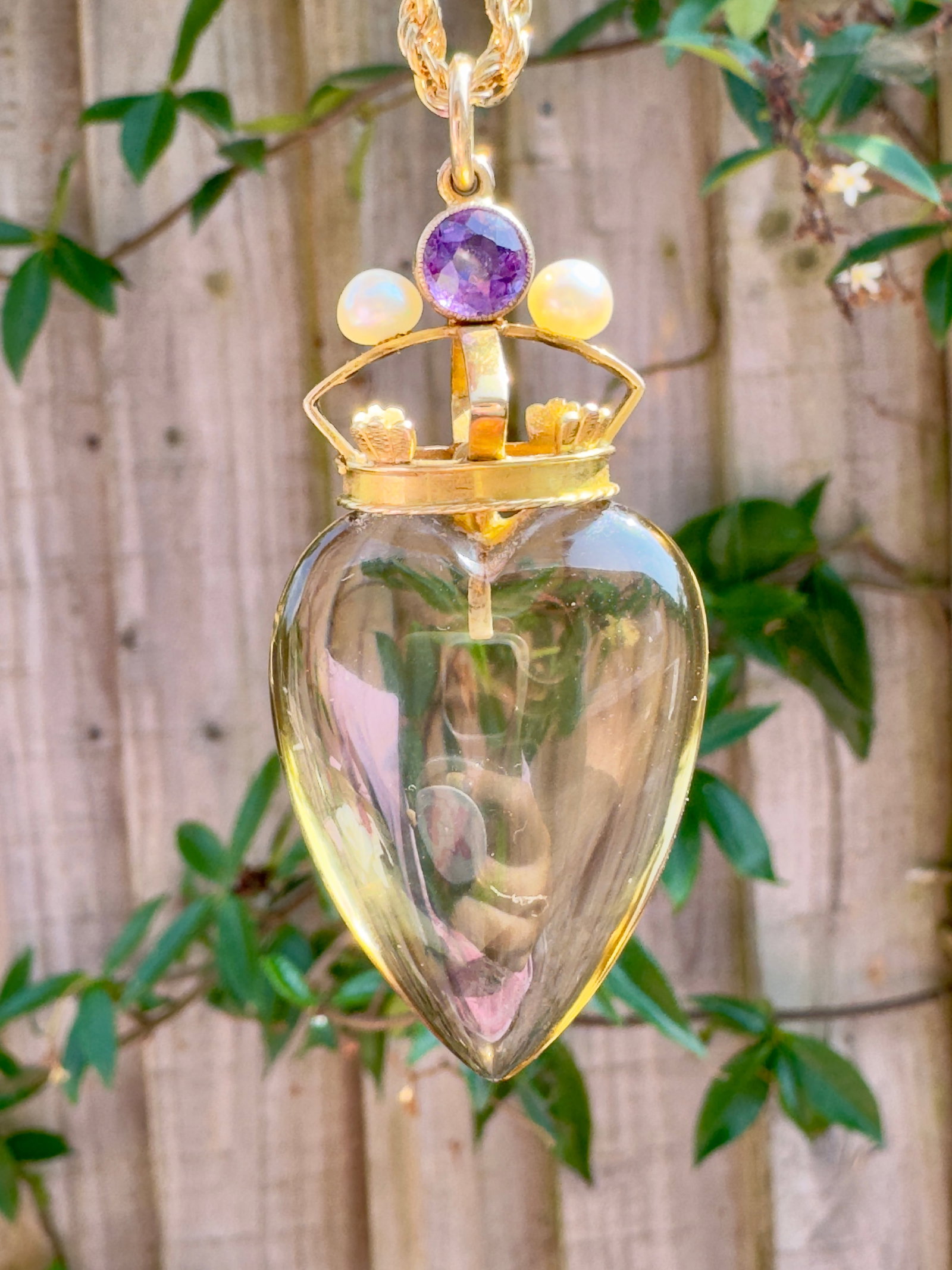 Huge antique carved citrine heart pendant with gold amethyst and pearl crown - 10