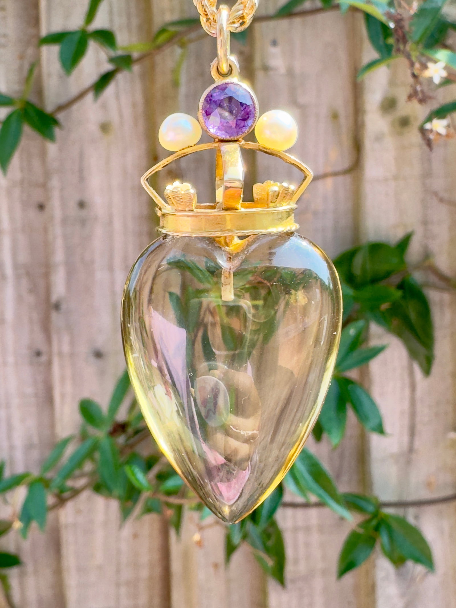 Huge antique carved citrine heart pendant with gold amethyst and pearl crown - 11