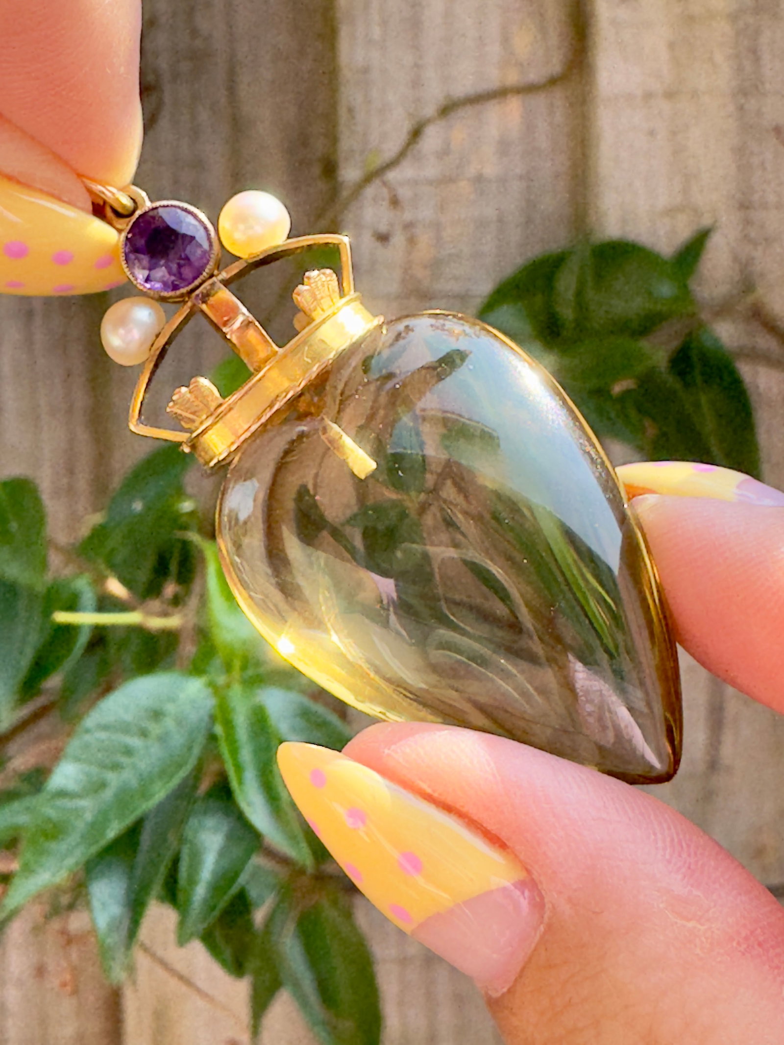 Huge antique carved citrine heart pendant with gold amethyst and pearl crown - 12
