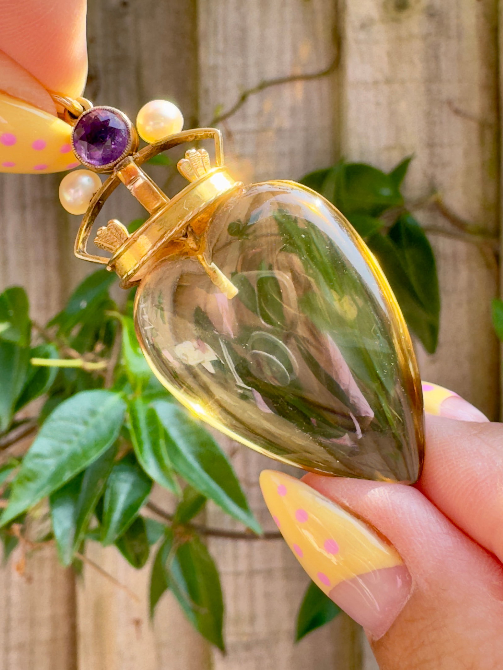 Huge antique carved citrine heart pendant with gold amethyst and pearl crown - 13