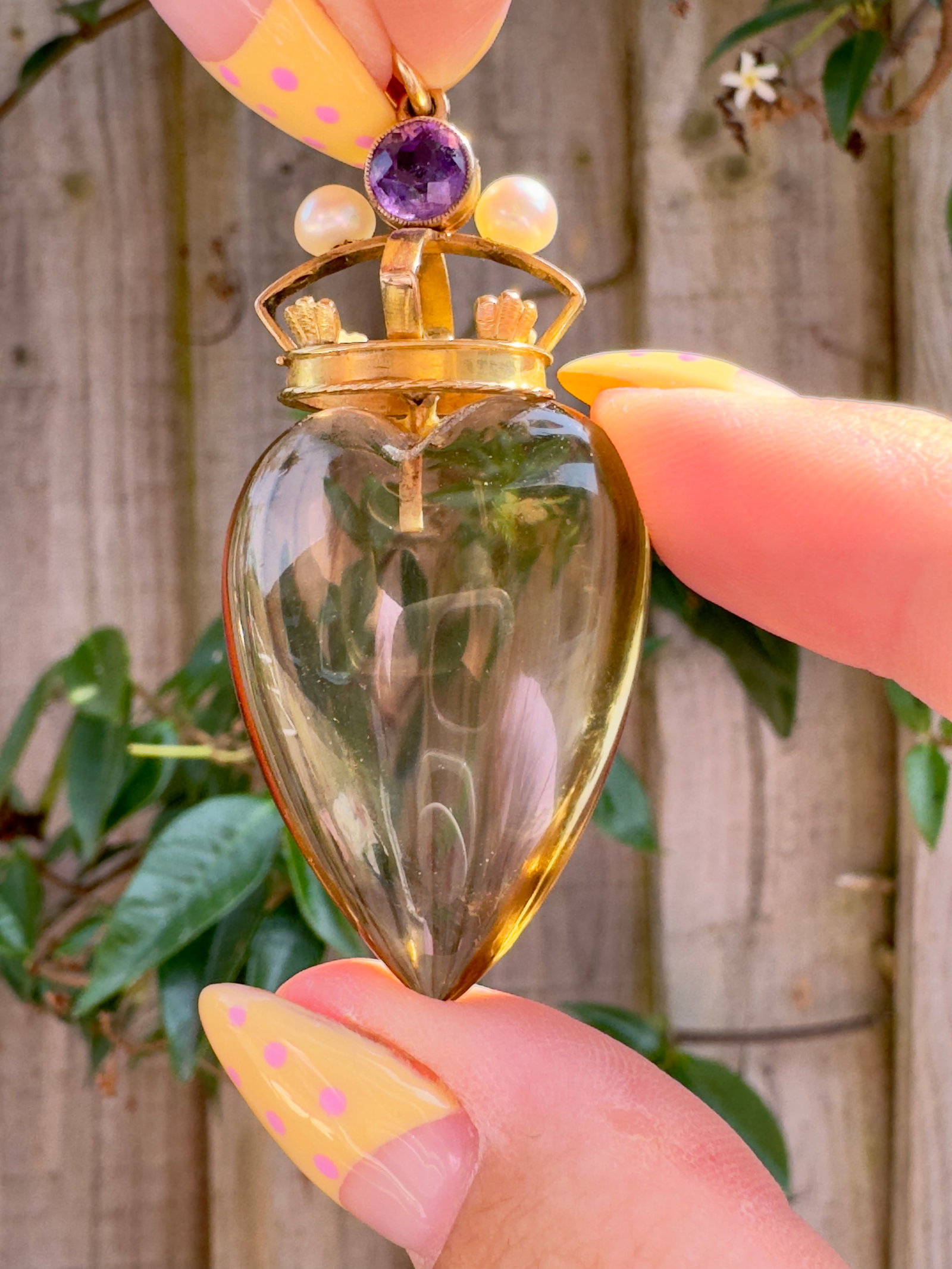 Huge antique carved citrine heart pendant with gold amethyst and pearl crown - 14