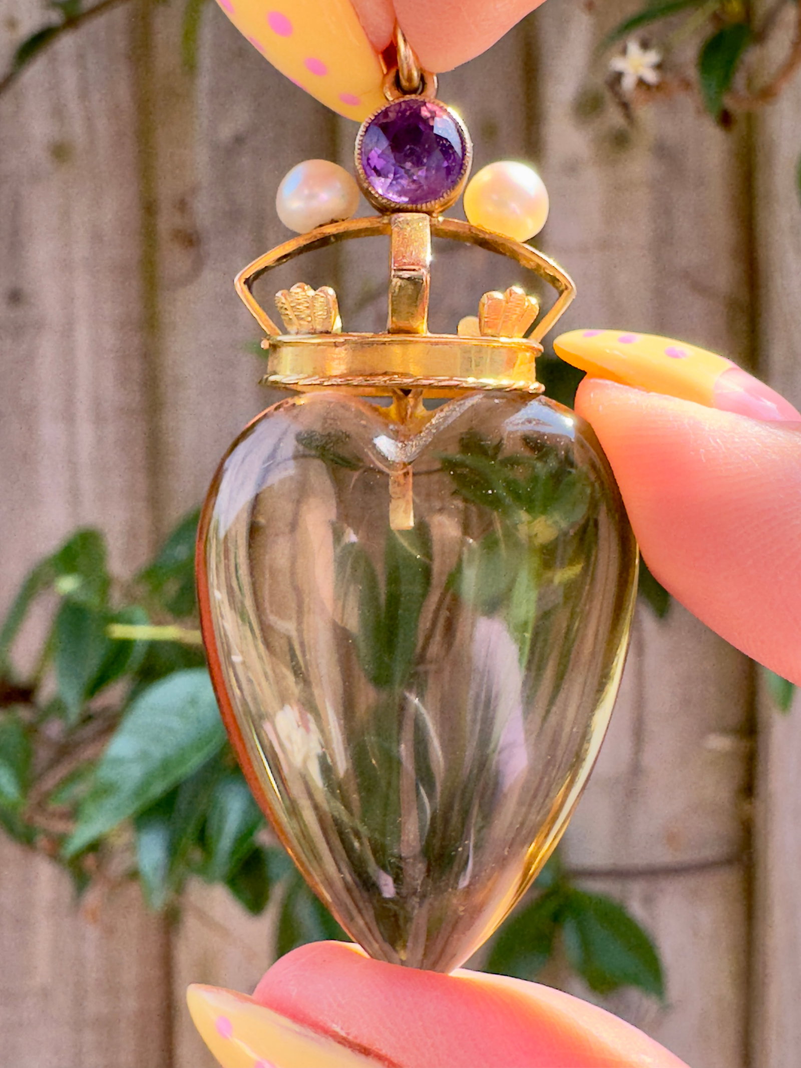 Huge antique carved citrine heart pendant with gold amethyst and pearl crown - 15