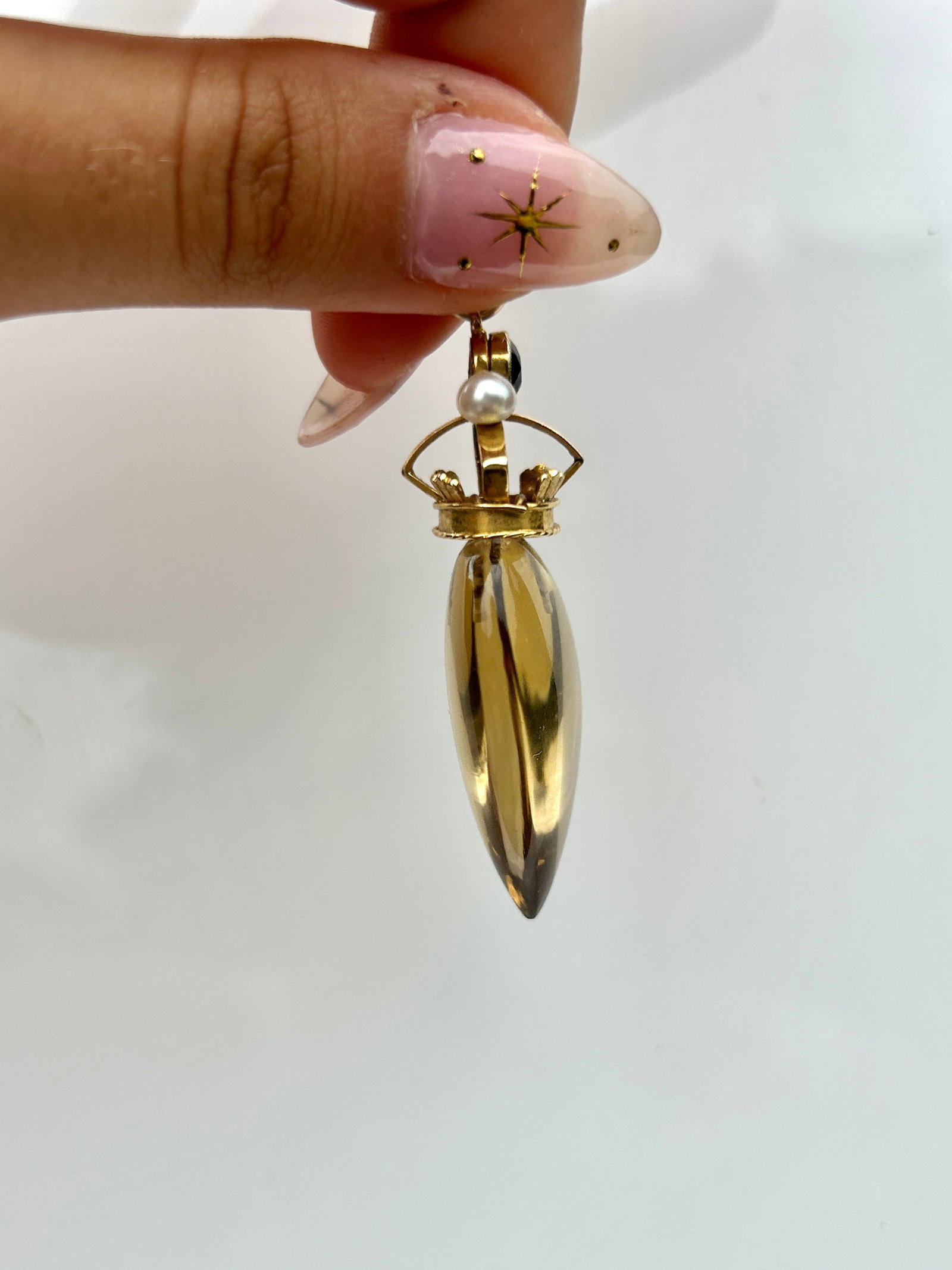 Huge antique carved citrine heart pendant with gold amethyst and pearl crown - 3