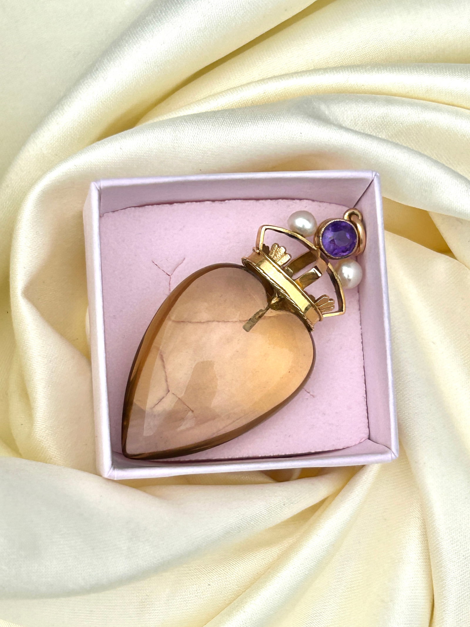 Huge antique carved citrine heart pendant with gold amethyst and pearl crown - 4