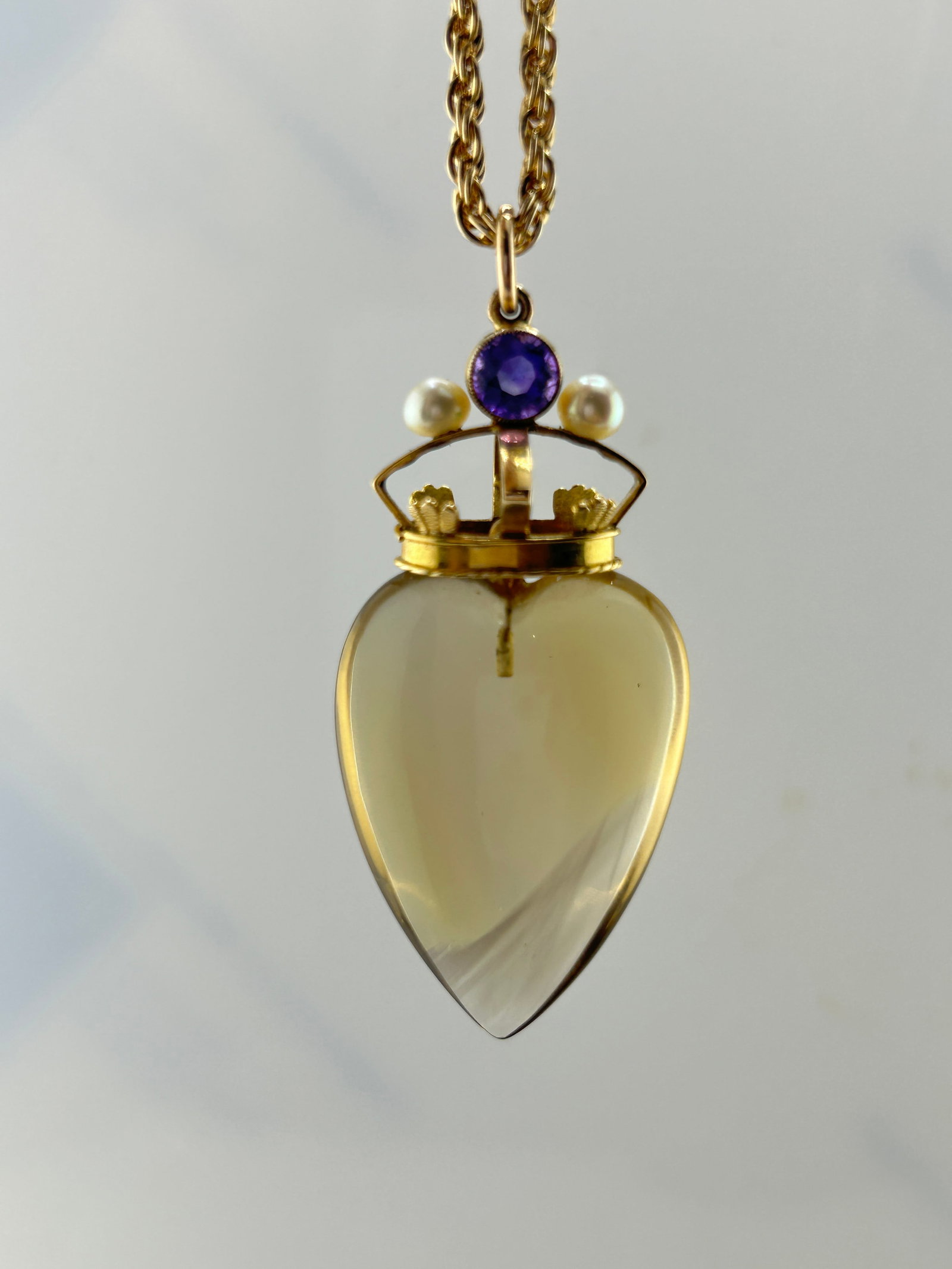 Huge antique carved citrine heart pendant with gold amethyst and pearl crown - 8