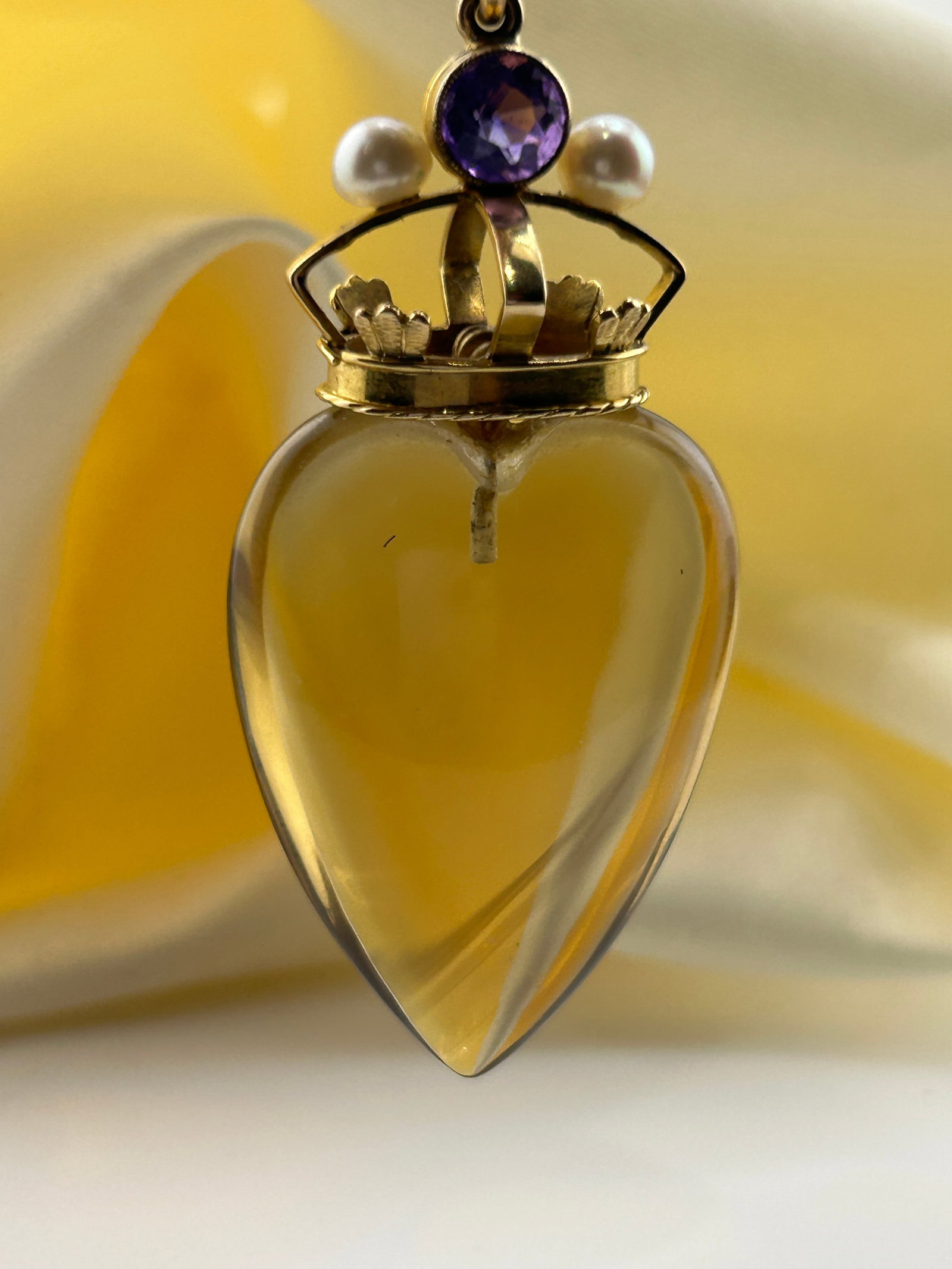 Huge antique carved citrine heart pendant with gold amethyst and pearl crown - 9