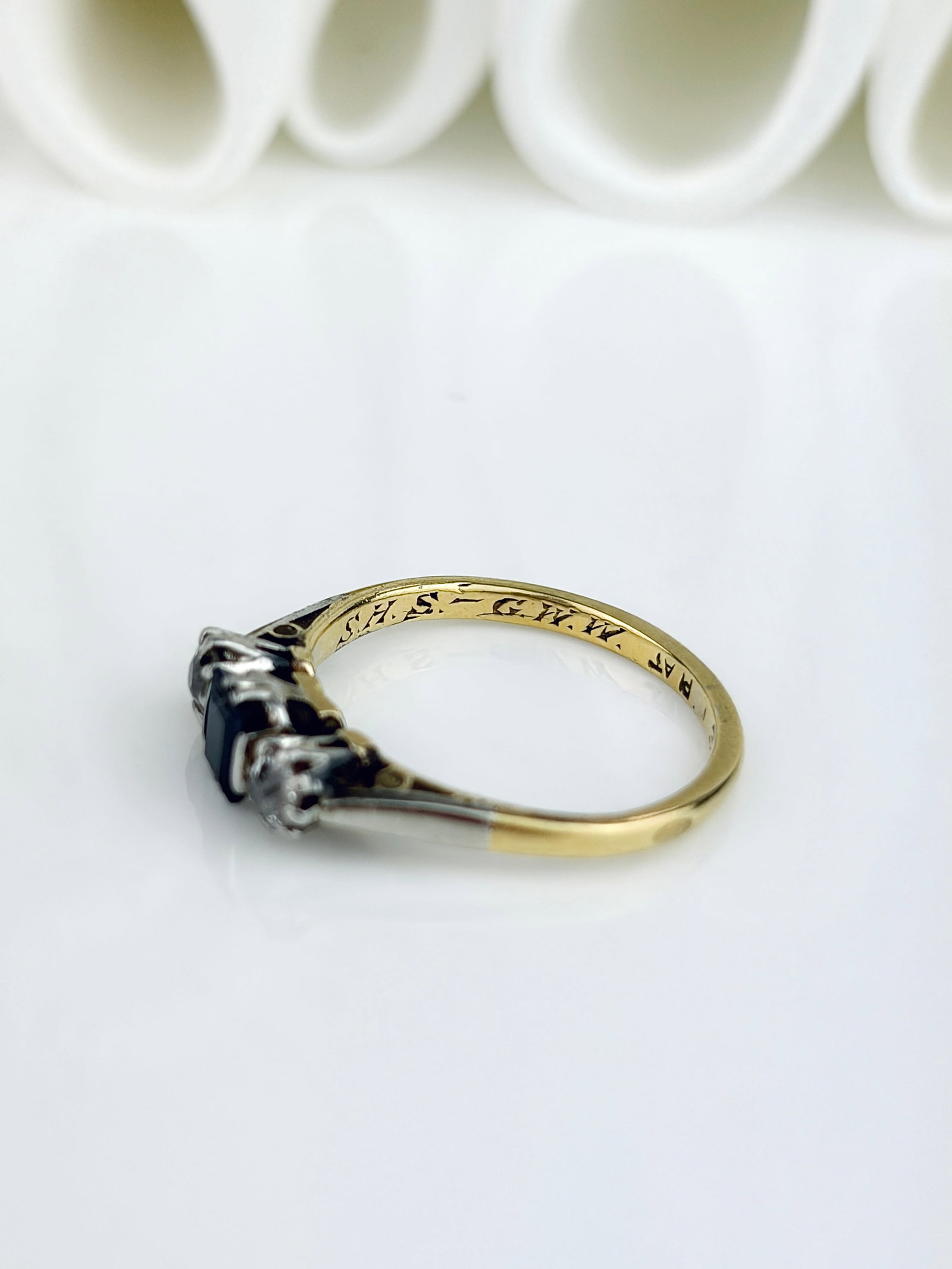 Sweet 18ct Gold and Platinum Sapphire and Diamond 3 Stone Ring - 4