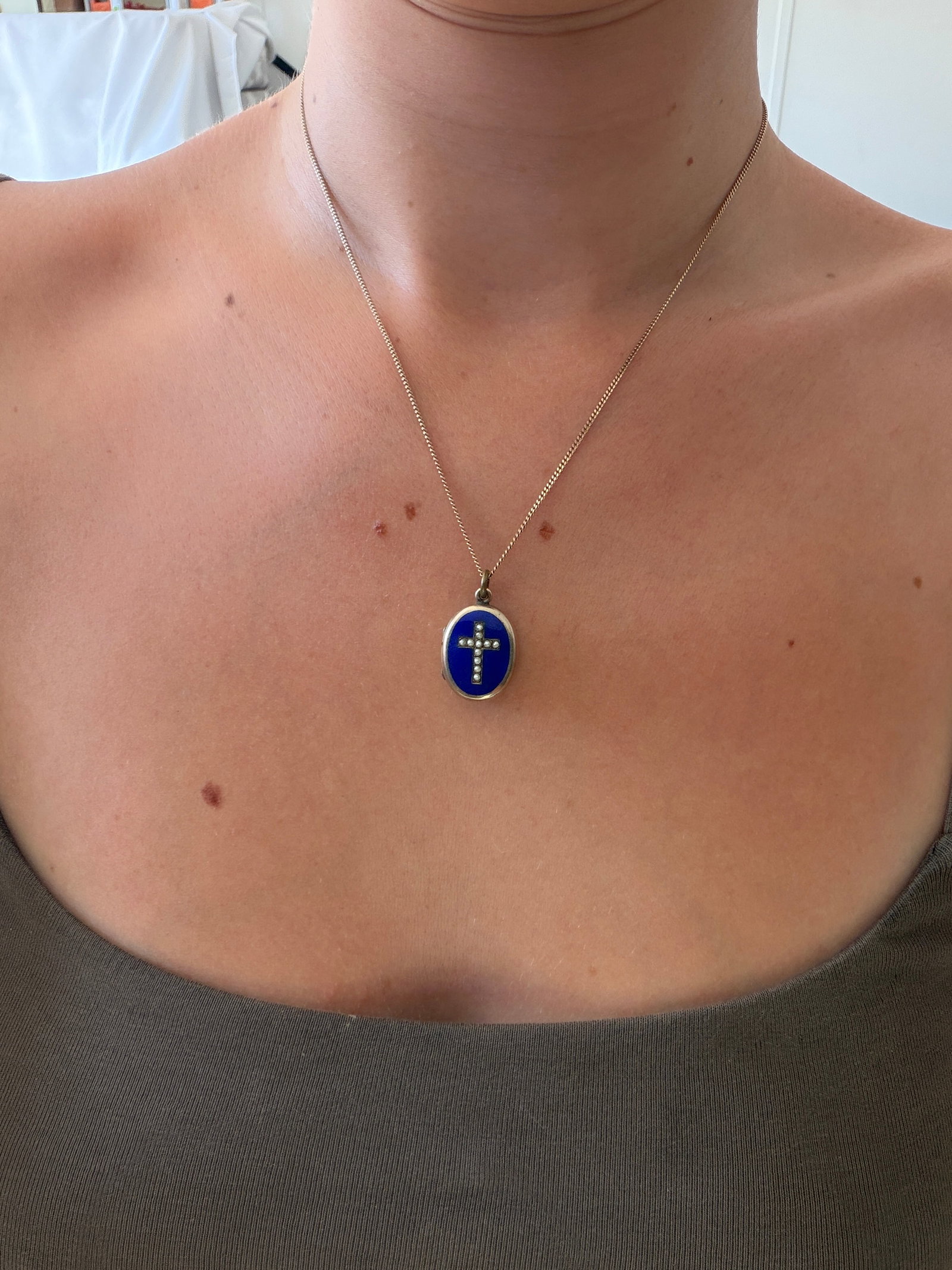 Antique Yellow Gold Blue Enamel and Pearl Cross Double Sided Locket - 2