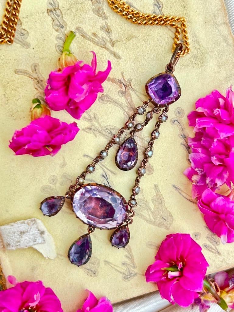 GEORGIAN ERA FOILED AMETHYST AND PEARL PENDANT ON 18CT GOLD CHAIN - 2