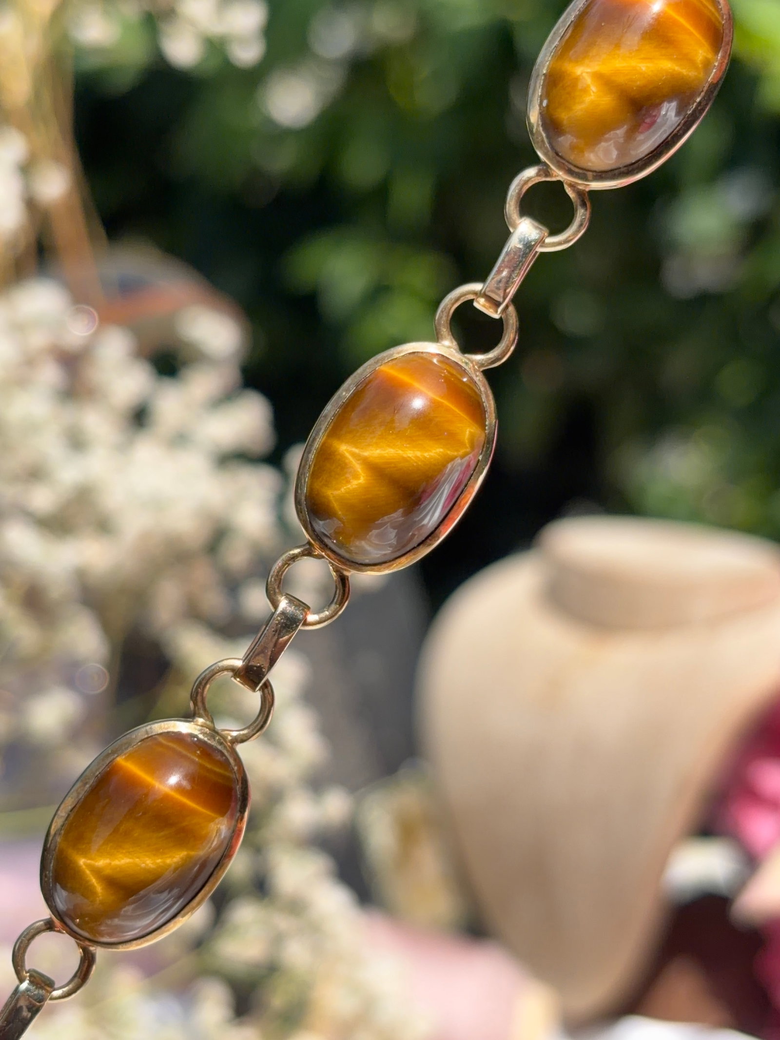 Vintage 9ct Yellow Gold Chunky Tiger's Eye Bracelet Af - 2