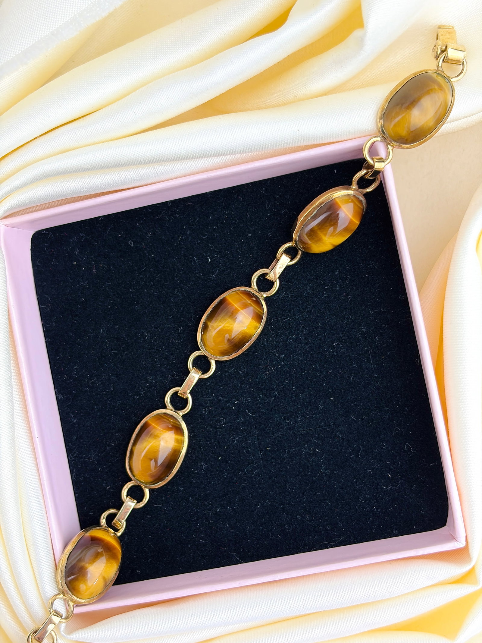 Vintage 9ct Yellow Gold Chunky Tiger's Eye Bracelet Af - 7