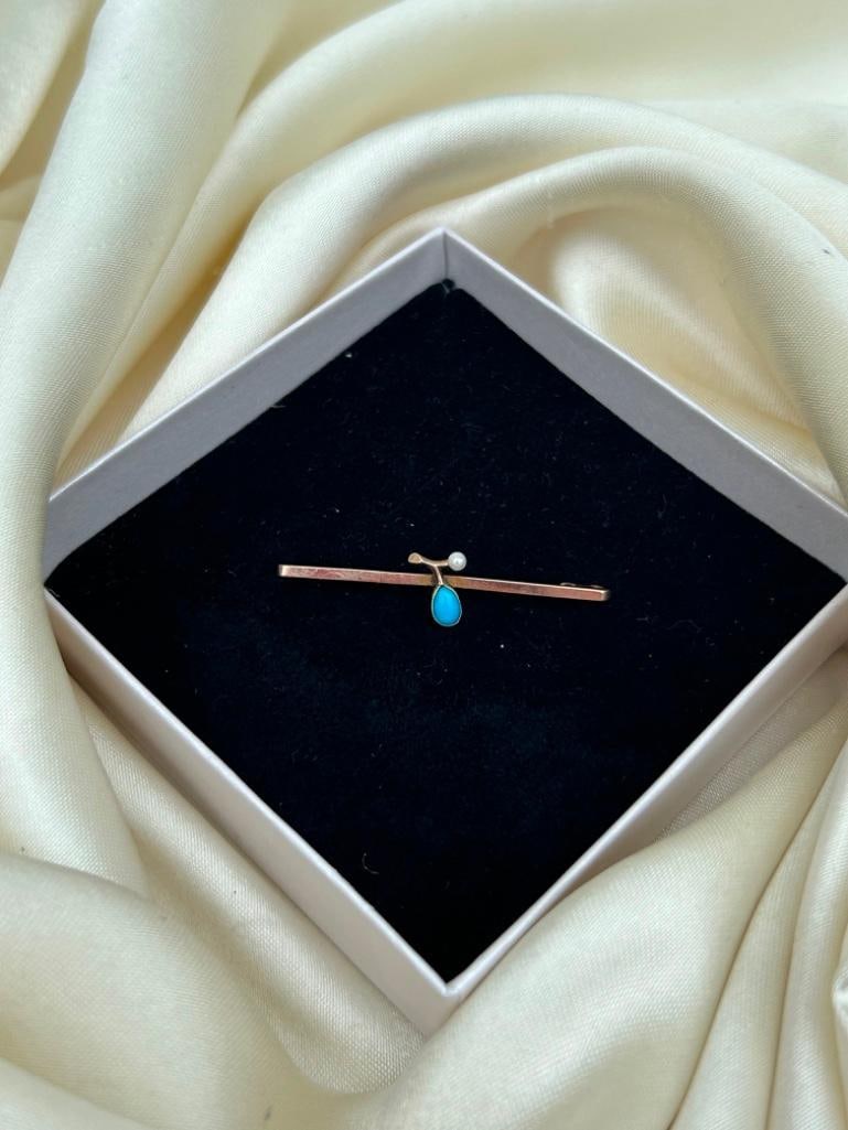 Sweet Gold Pearl and Turquoise Brooch - 3
