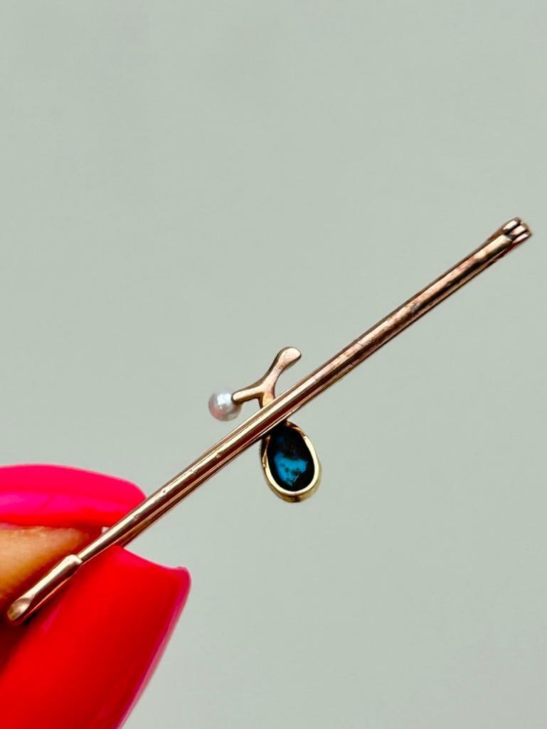 Sweet Gold Pearl and Turquoise Brooch - 4