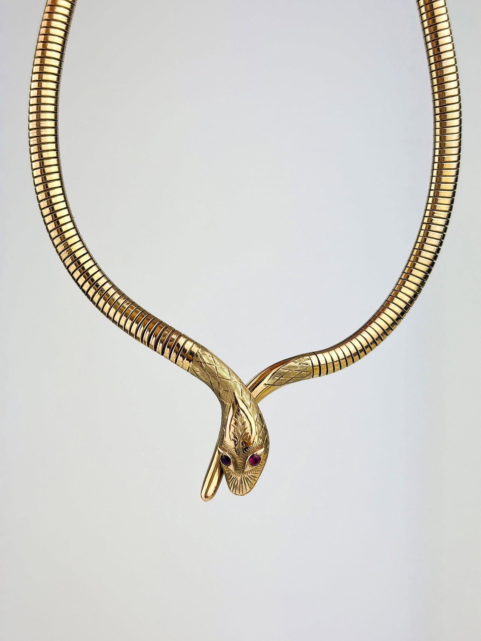 VINTAGE S&P 9CT GOLD GAS PIPE SNAKE COLLAR/NECKLACE WITH RUBY EYES - 4
