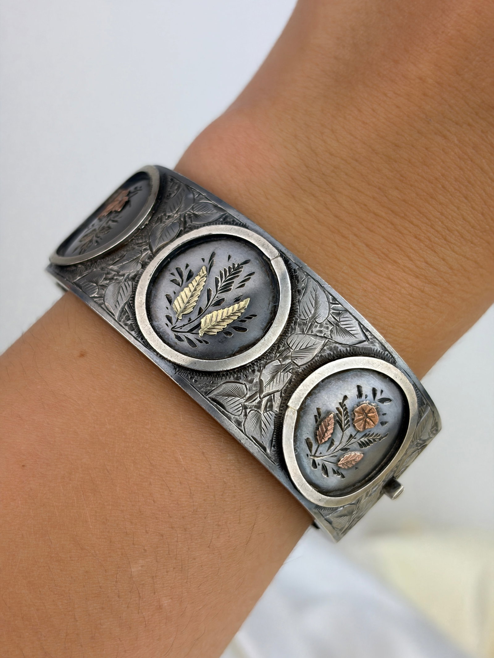 Wide Antique Silver Aesthetic Bangle with Gold Overlay - 7
