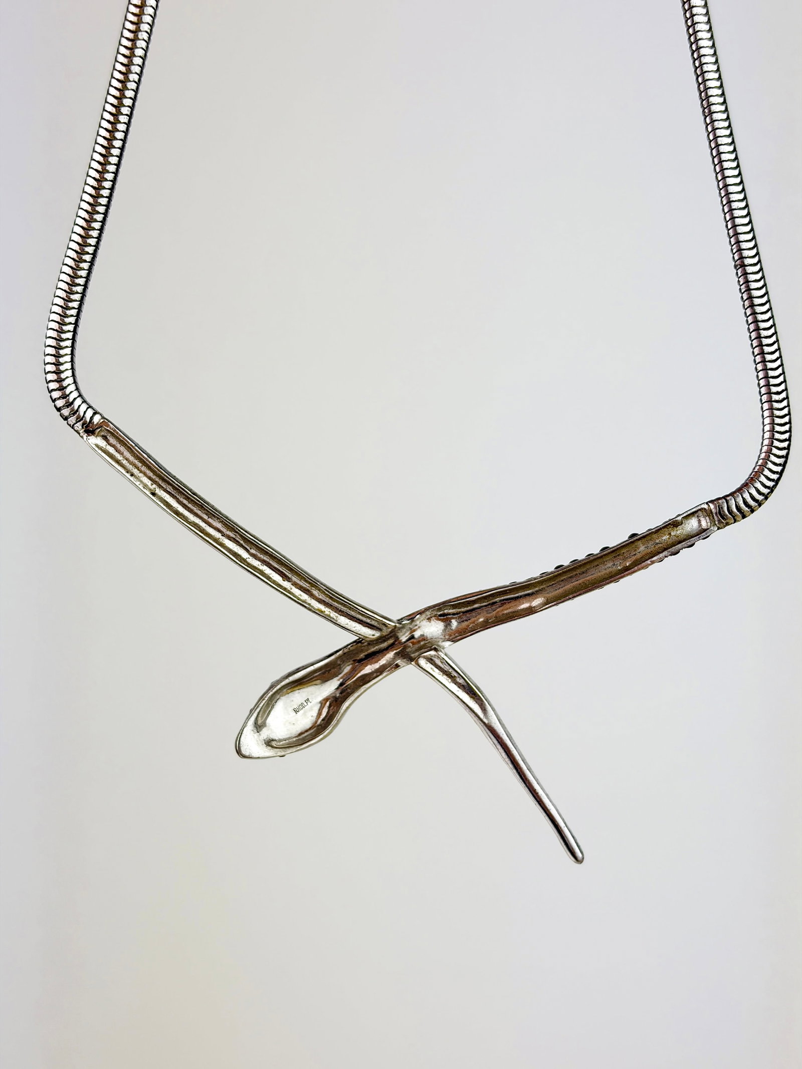 WONDERFUL SILVER MARCASITE SNAKE GAS PIPE NECKLACE WITH GREEN PASTE EYES - 5