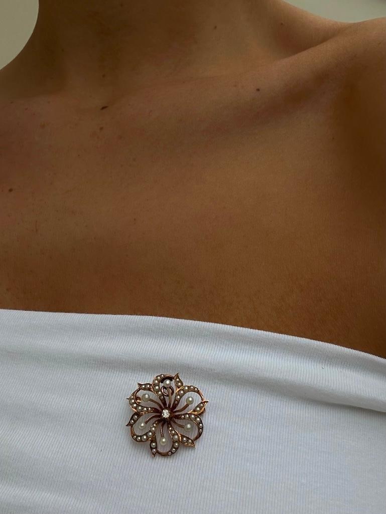 Antique Gold Pearl and Diamond Flower Pendant / Brooch - 2