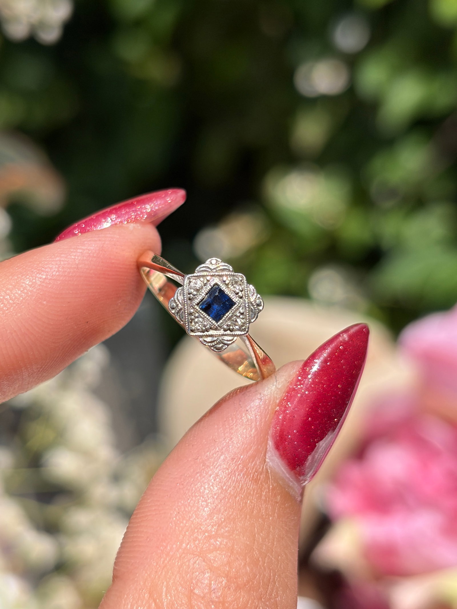 Art Deco 9ct Gold and Platinum Sapphire and Diamond Panel Ring - 3