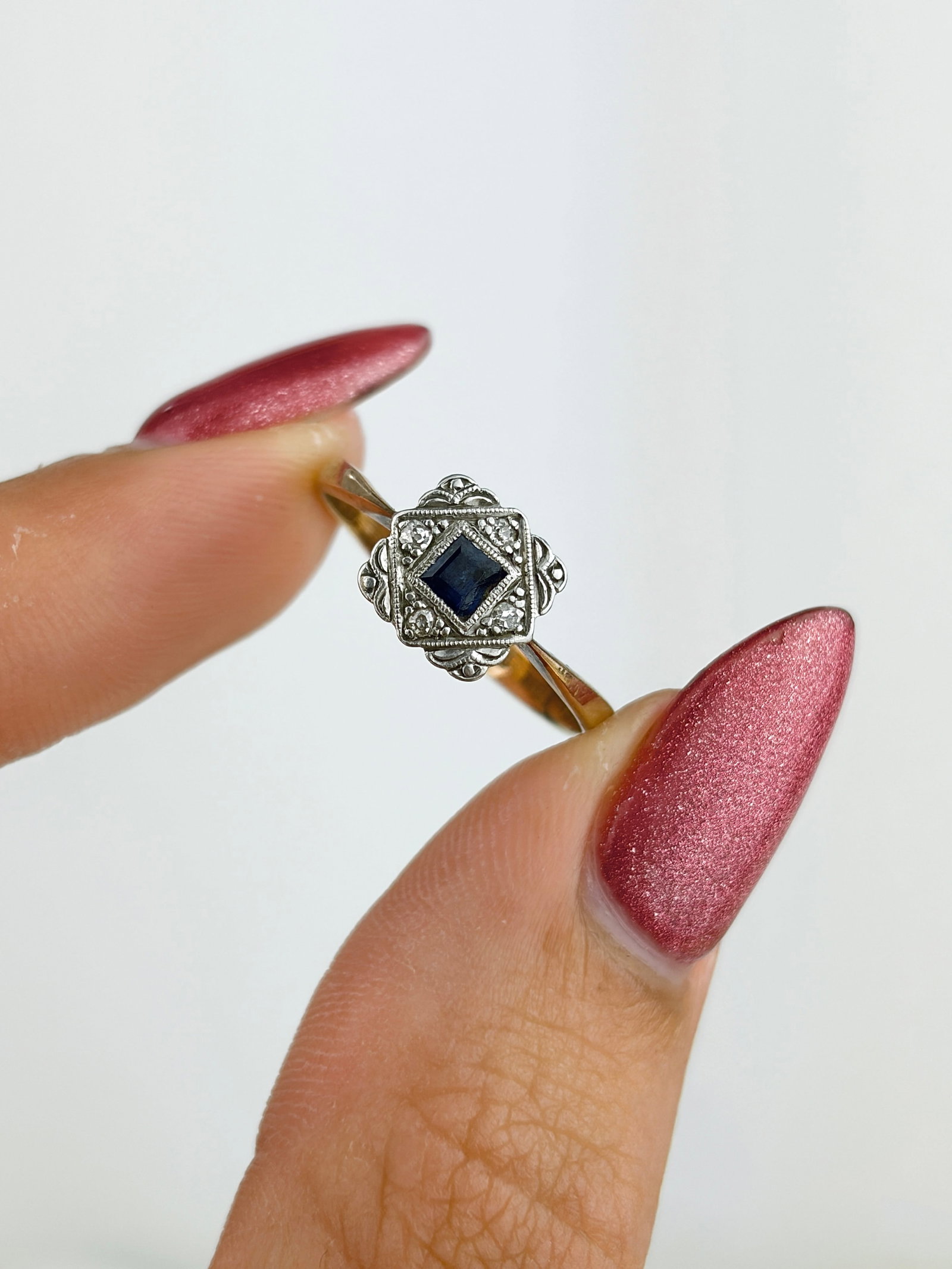 Art Deco 9ct Gold and Platinum Sapphire and Diamond Panel Ring - 7