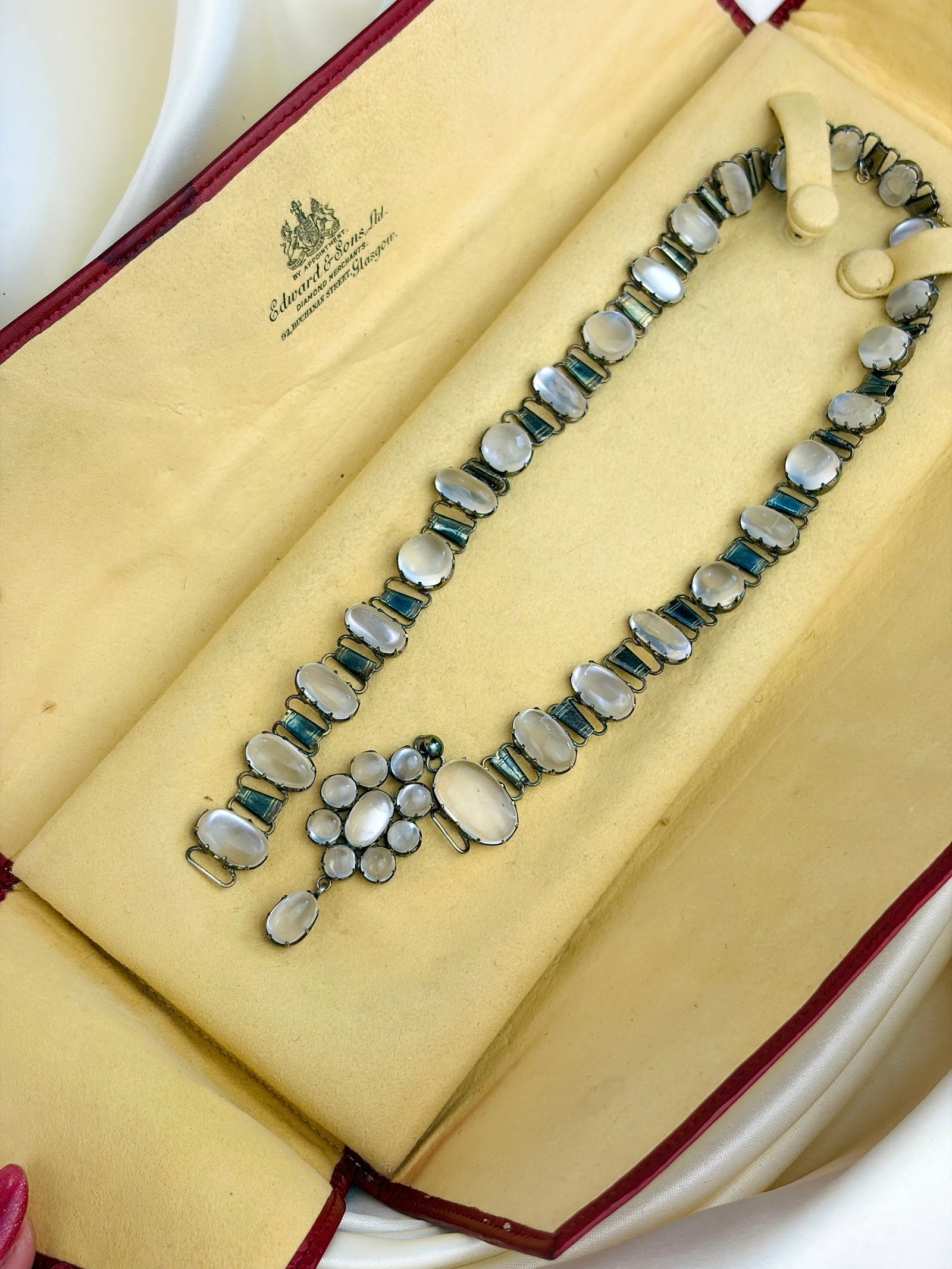 Antique Silver Cabochon Moonstone Necklace with Flower Drop AF - 2