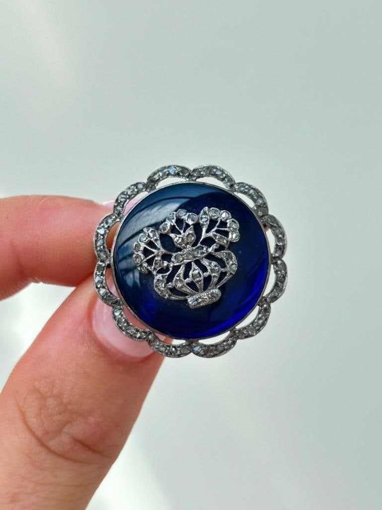 Antique Rose Cut Diamond and Bristol Blue Glass Floral Brooch - 2