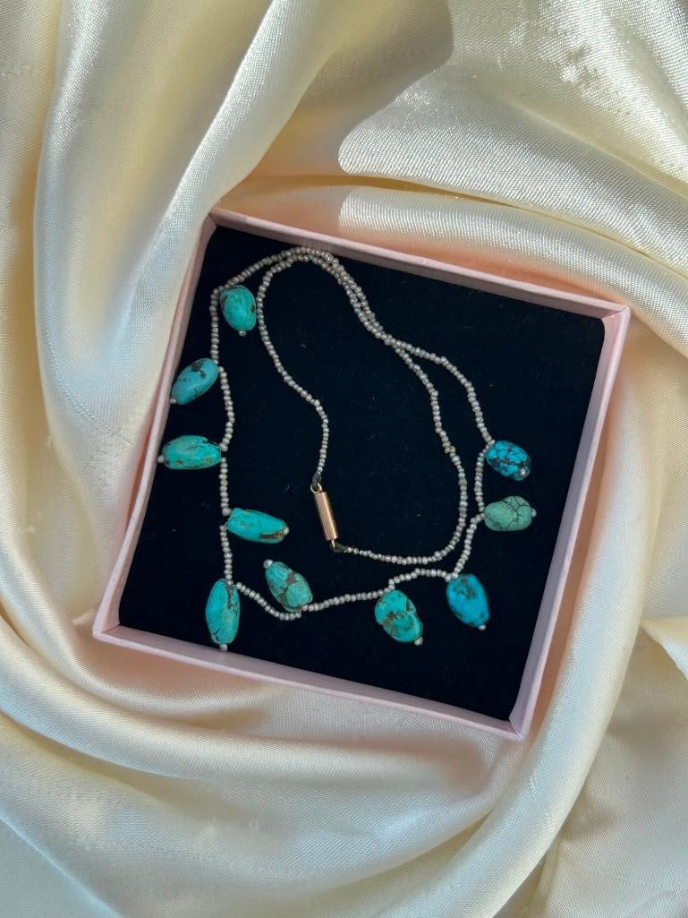 Antique pearl and turquoise necklace with 15ct gold bracelet clasp - 3