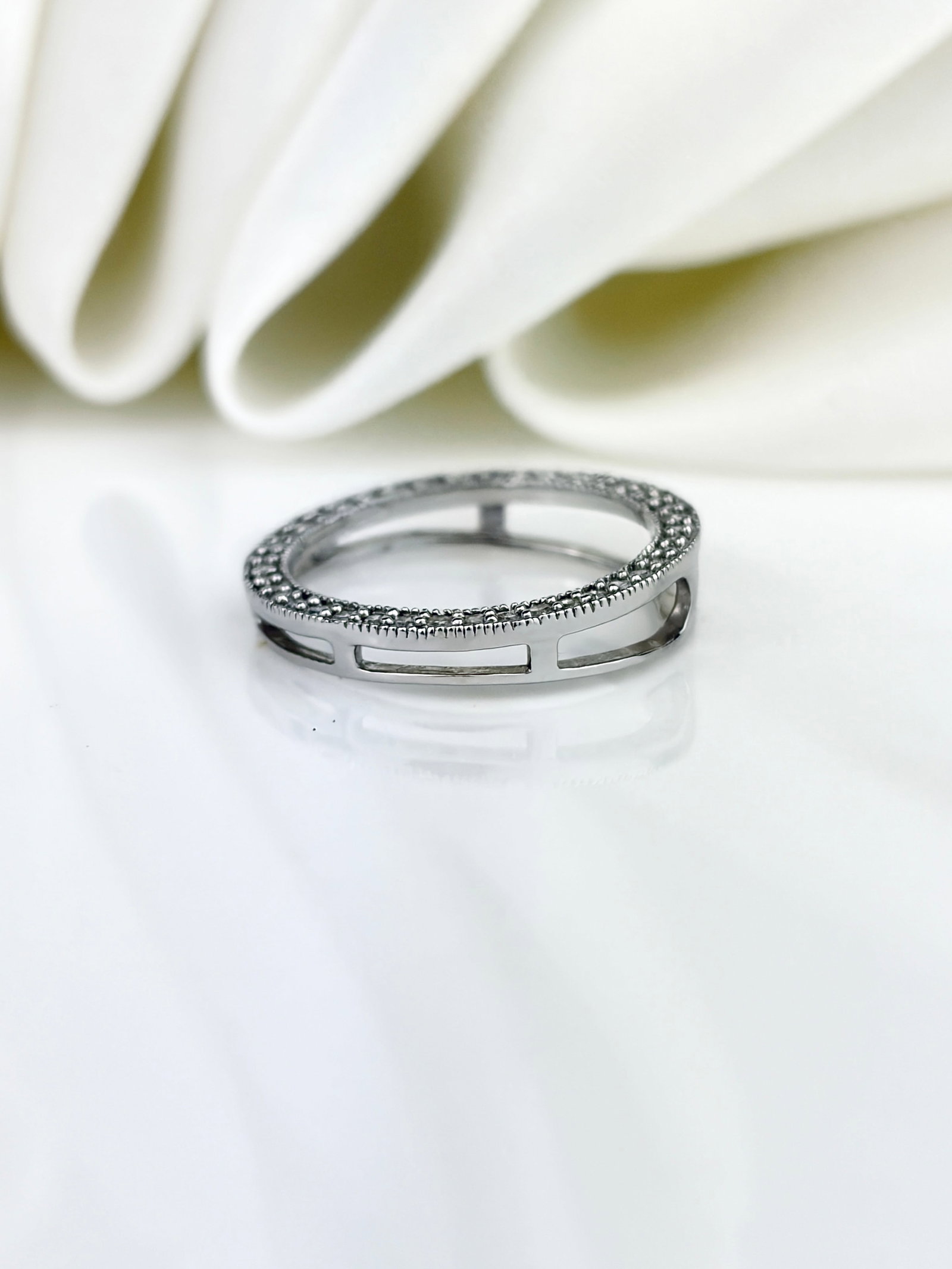 9CT WHITE GOLD OPEN WORK, DIAMOND TOPPED FULL ETERNITY RING - 3