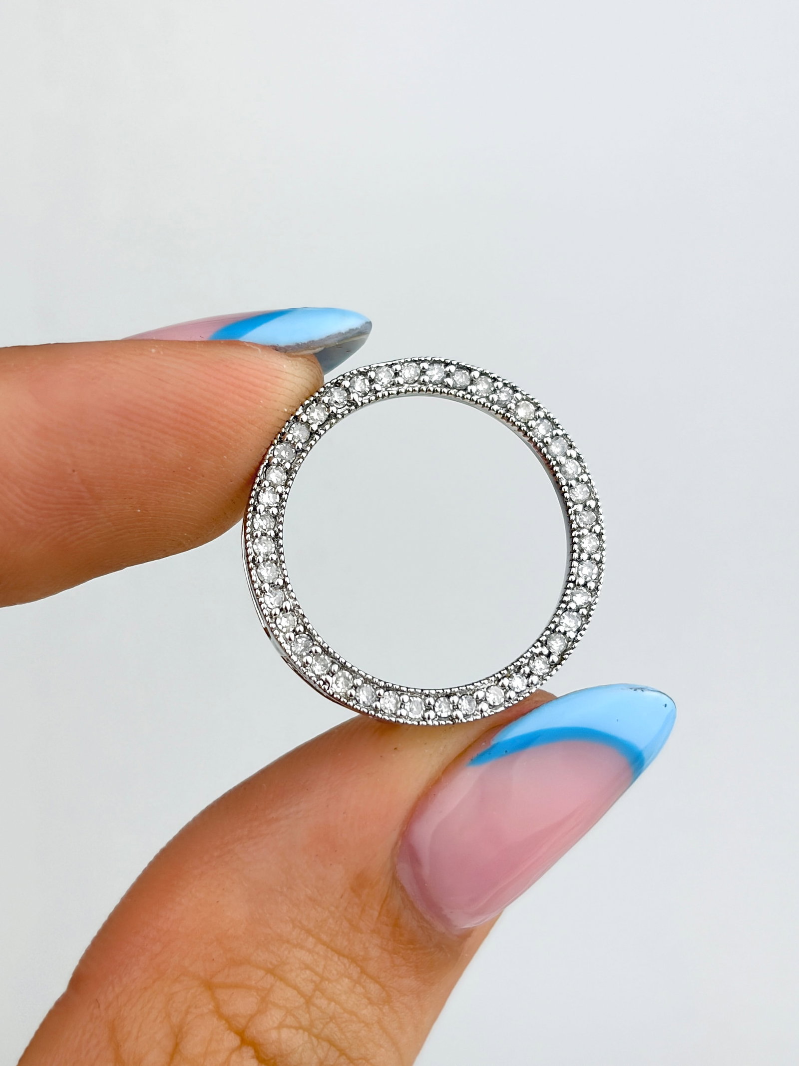 9CT WHITE GOLD OPEN WORK, DIAMOND TOPPED FULL ETERNITY RING - 7