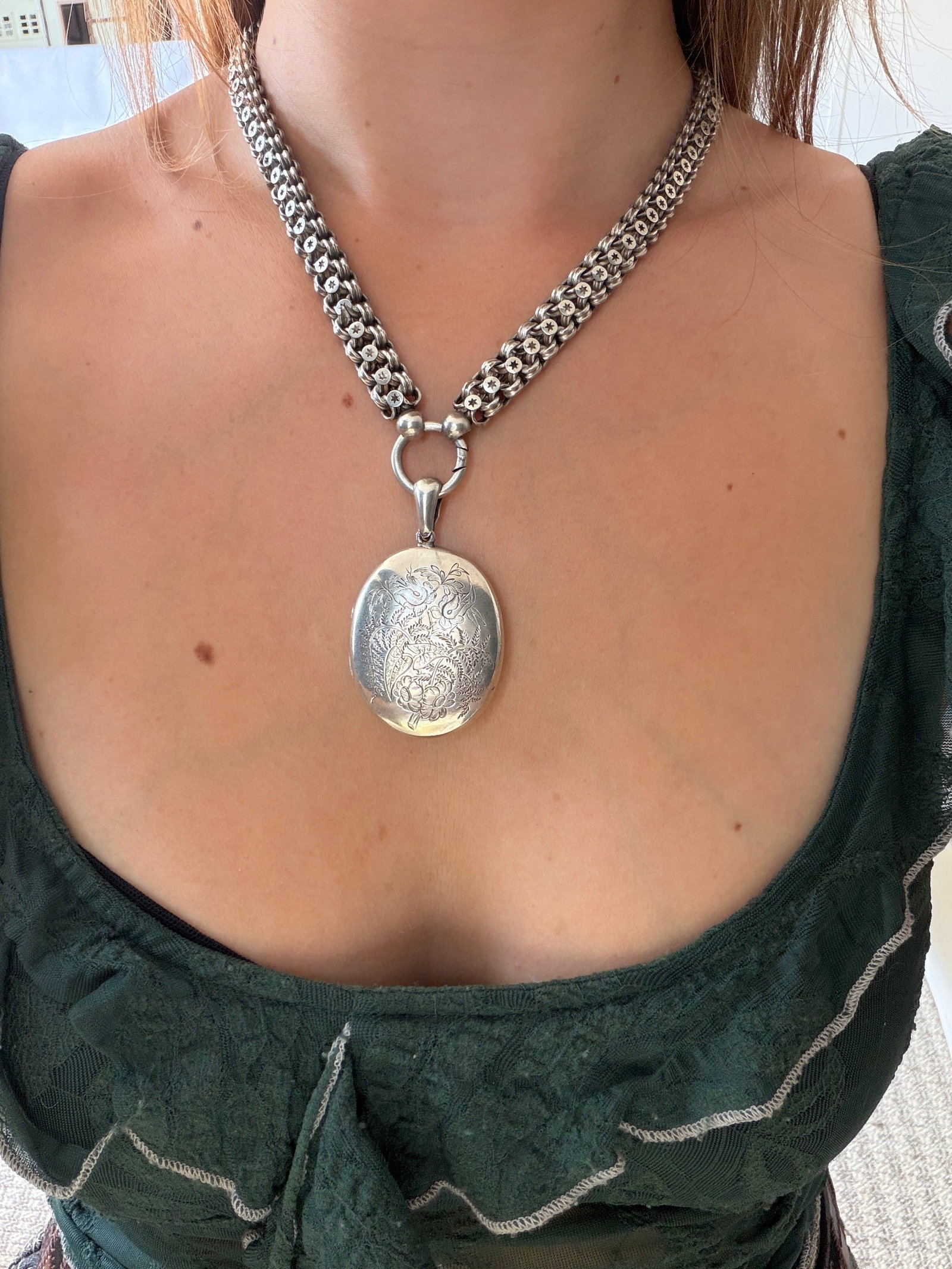Antique Victorian Era Silver Collar and Bird Locket Necklace - 8