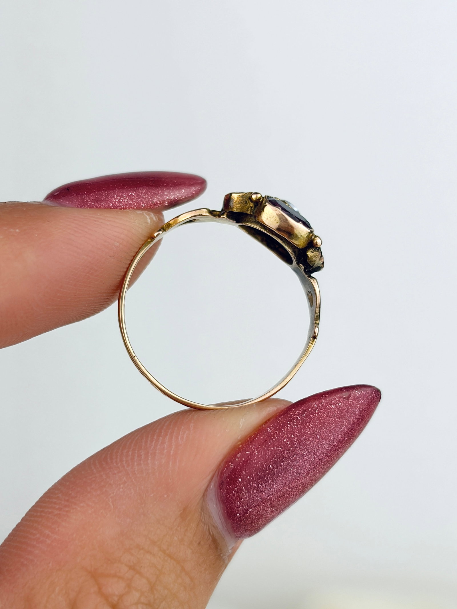 Antique 15ct Yellow Gold Amethyst and Pearl Flower Cluster Ring - 7