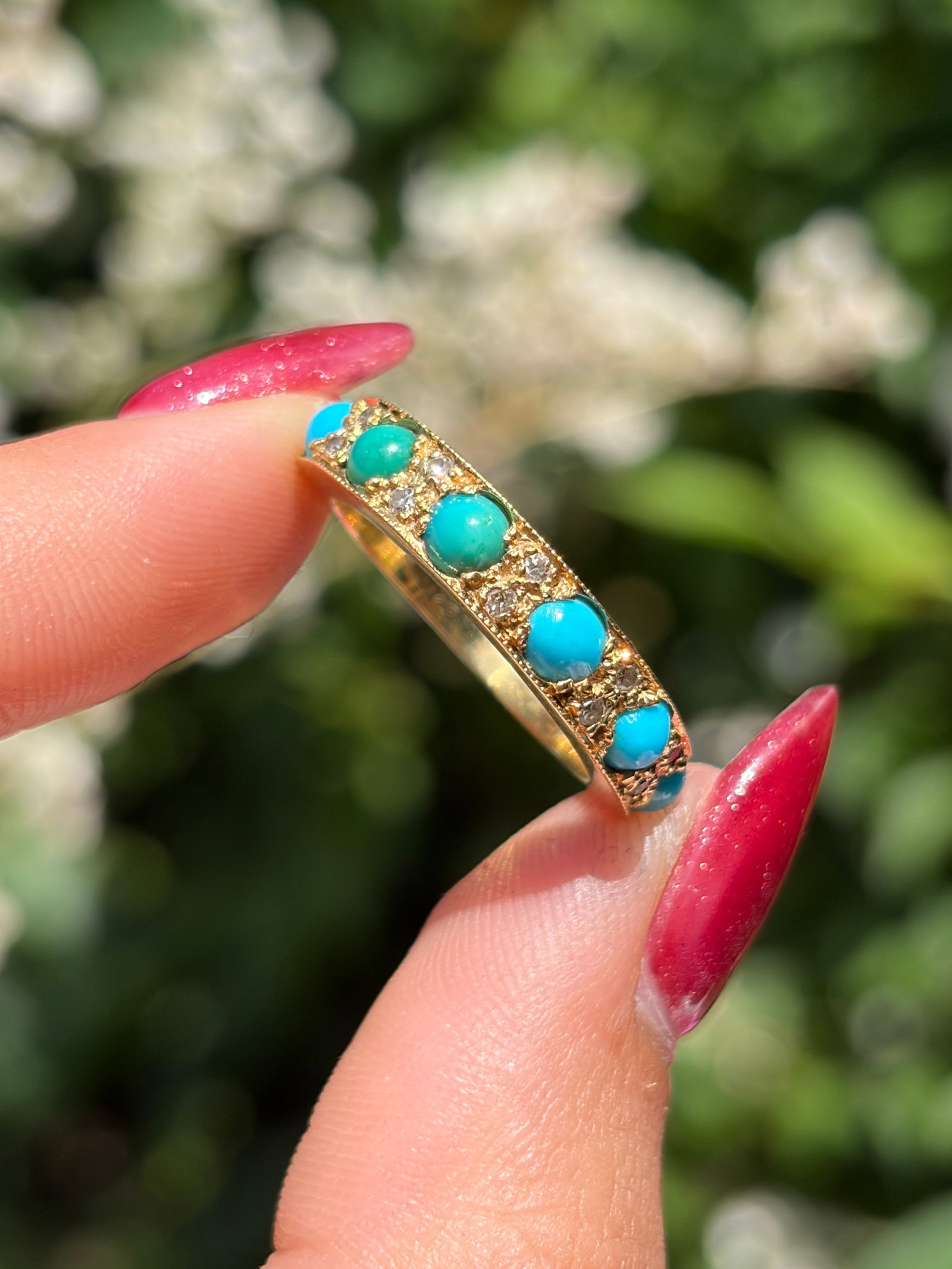 Antique 18ct Yellow Gold Turquoise and Diamond Half Hoop Ring - 2