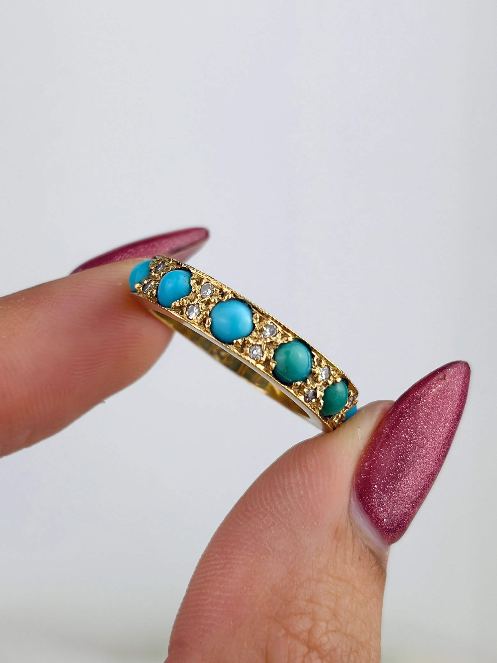 Antique 18ct Yellow Gold Turquoise and Diamond Half Hoop Ring - 7
