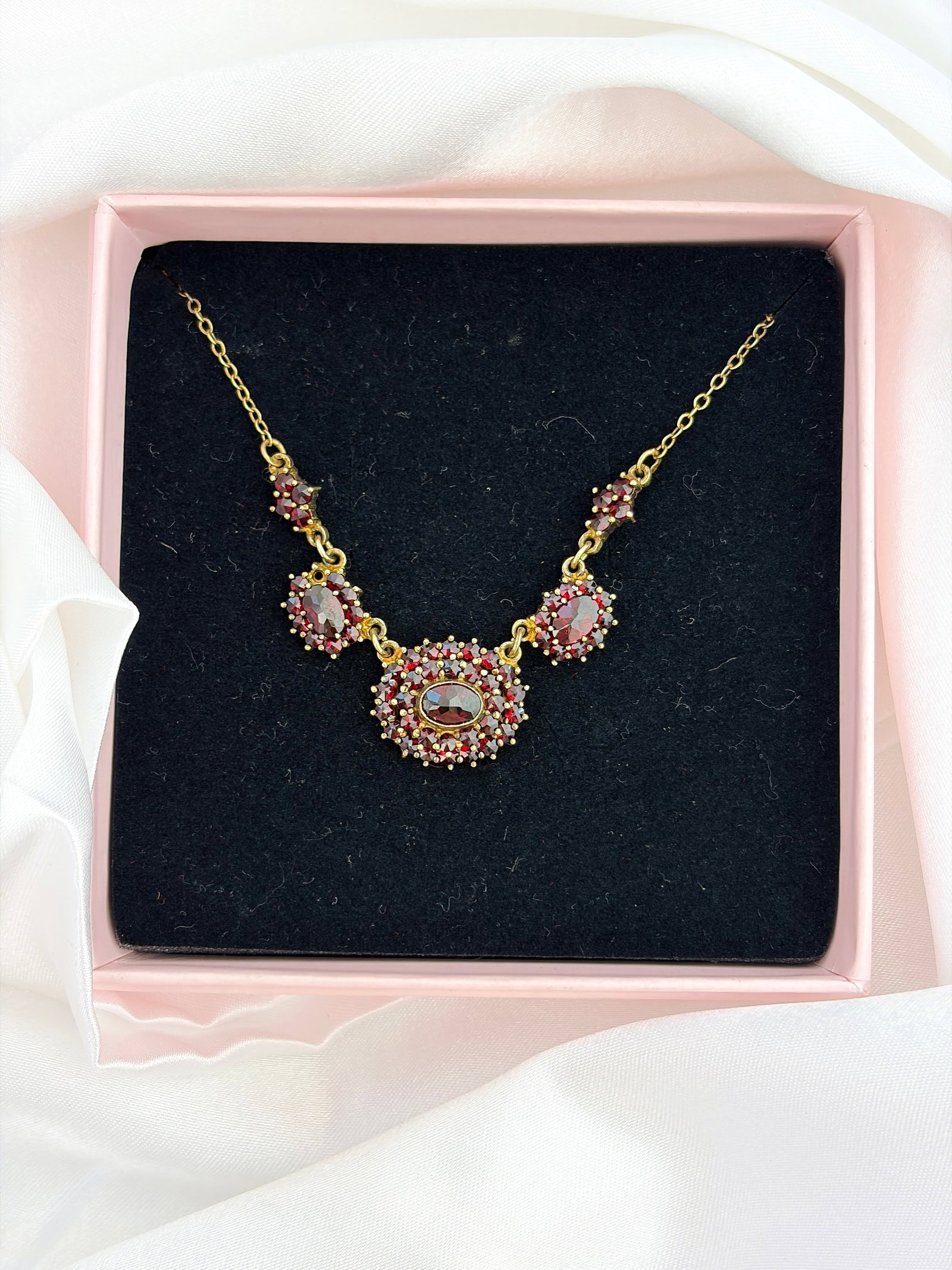 VINTAGE GOLD ON SILVER GARNET CLUSTER NECKLACE - 7