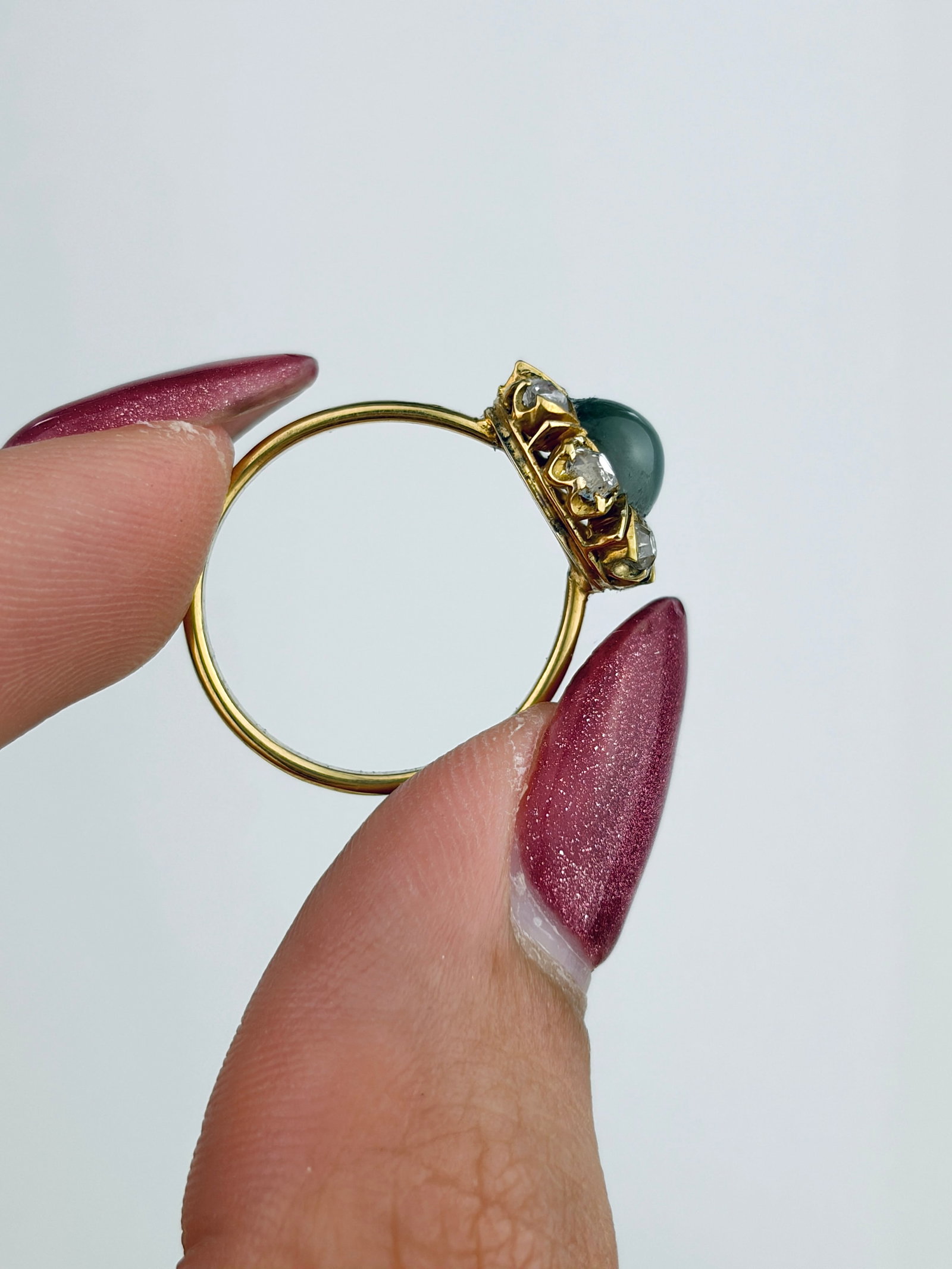 Lovely Antique 18ct Yellow Gold Catseye and Diamond Cluster Flower Ring - 6