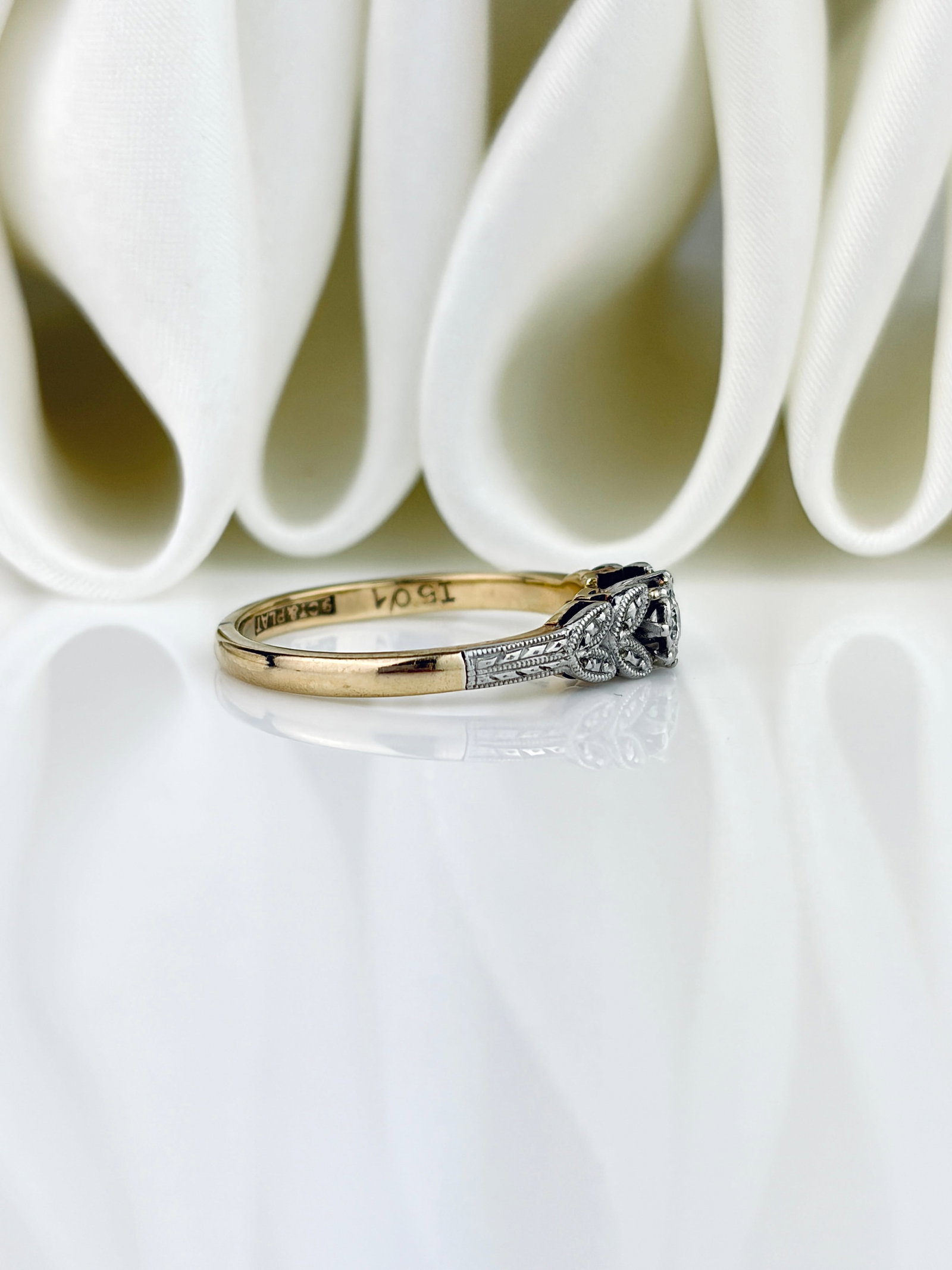 Antique 9ct Gold and Platinum Diamond Leaf Shoulder Ring - 2