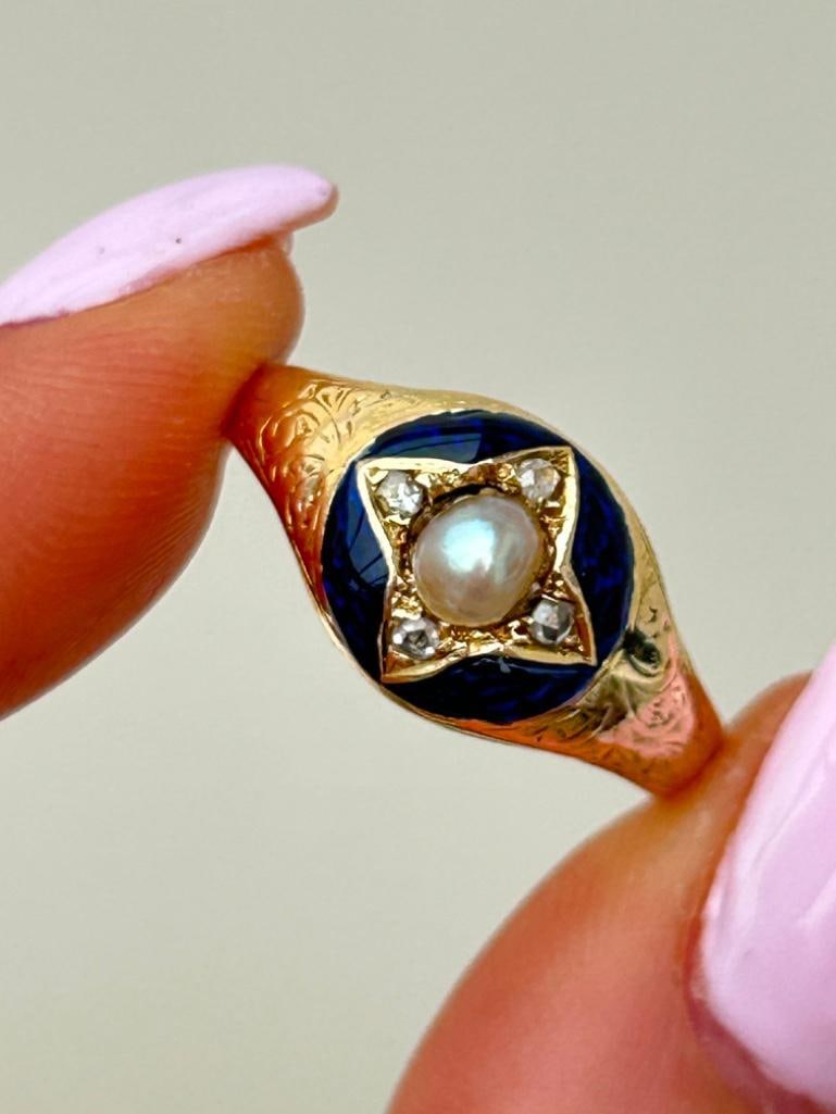Antique Blue Enamel Diamond and Pearl Star Ring - 3