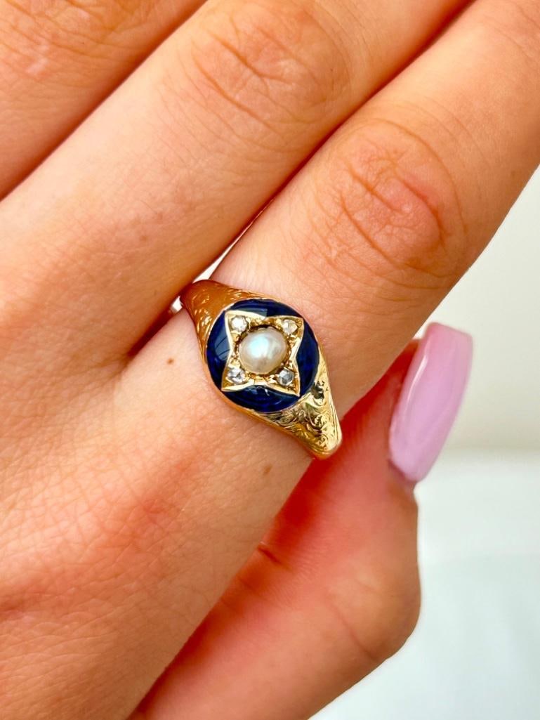 Antique Blue Enamel Diamond and Pearl Star Ring - 4