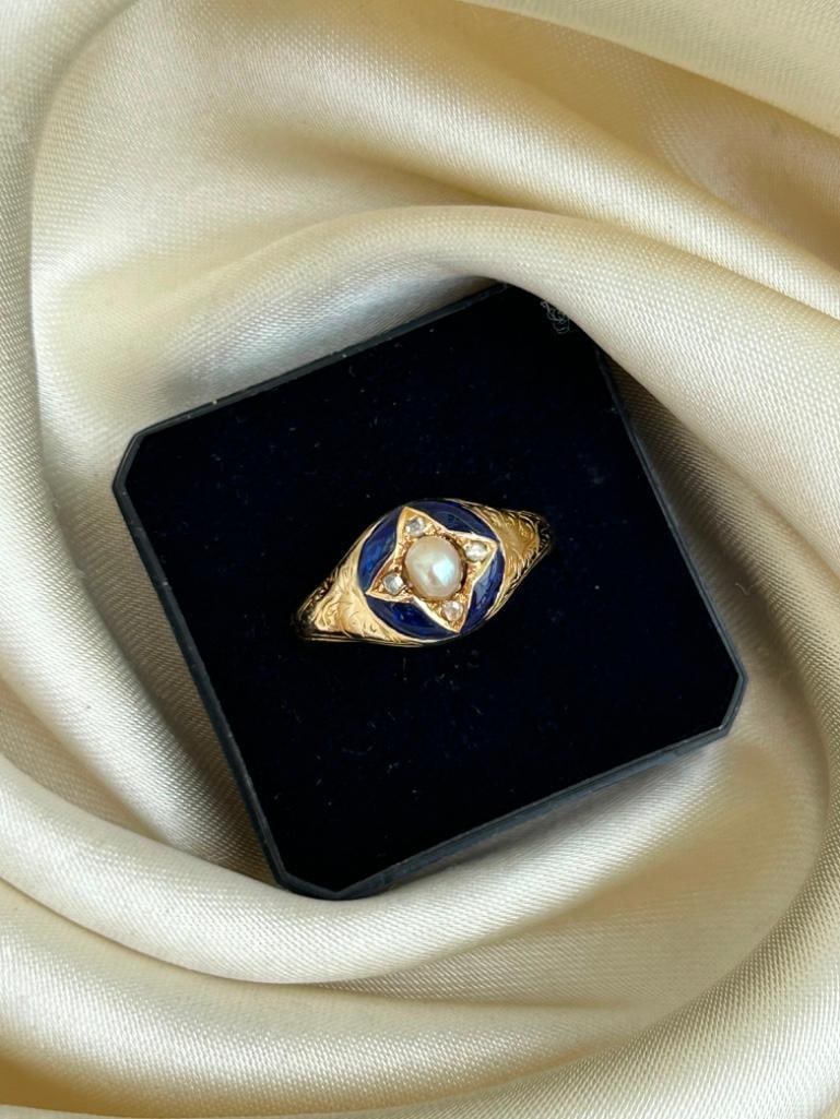 Antique Blue Enamel Diamond and Pearl Star Ring - 5