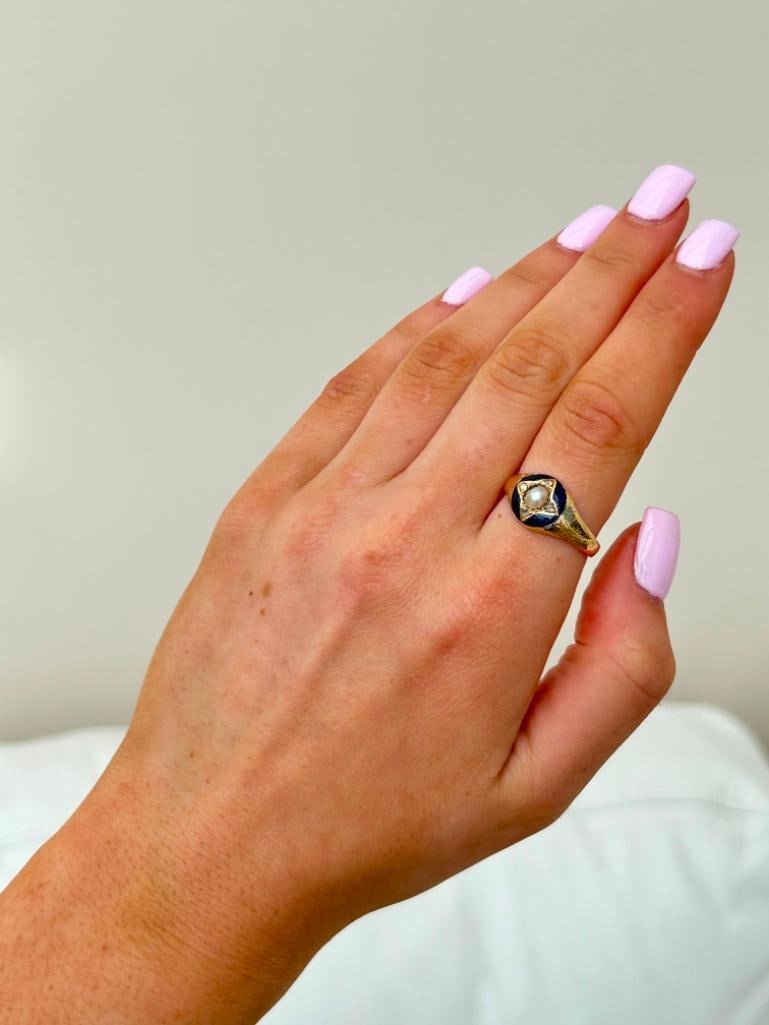 Antique Blue Enamel Diamond and Pearl Star Ring - 6