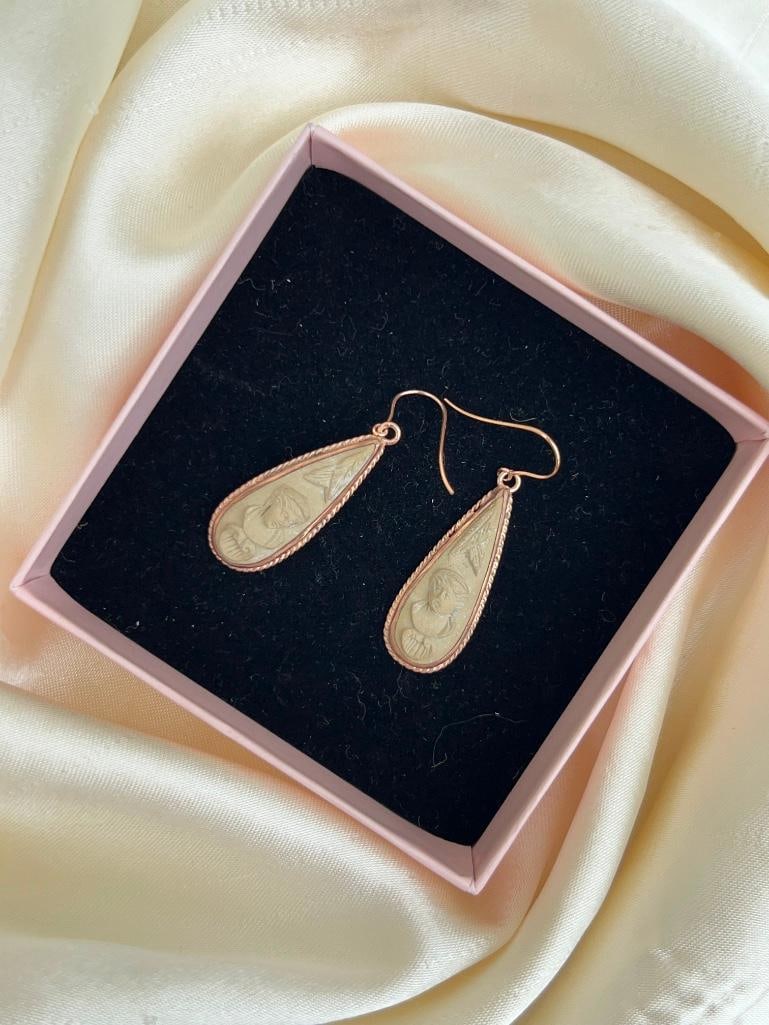 Antique rare cameo drop earrings - 2