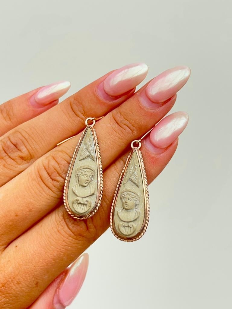 Antique rare cameo drop earrings - 5
