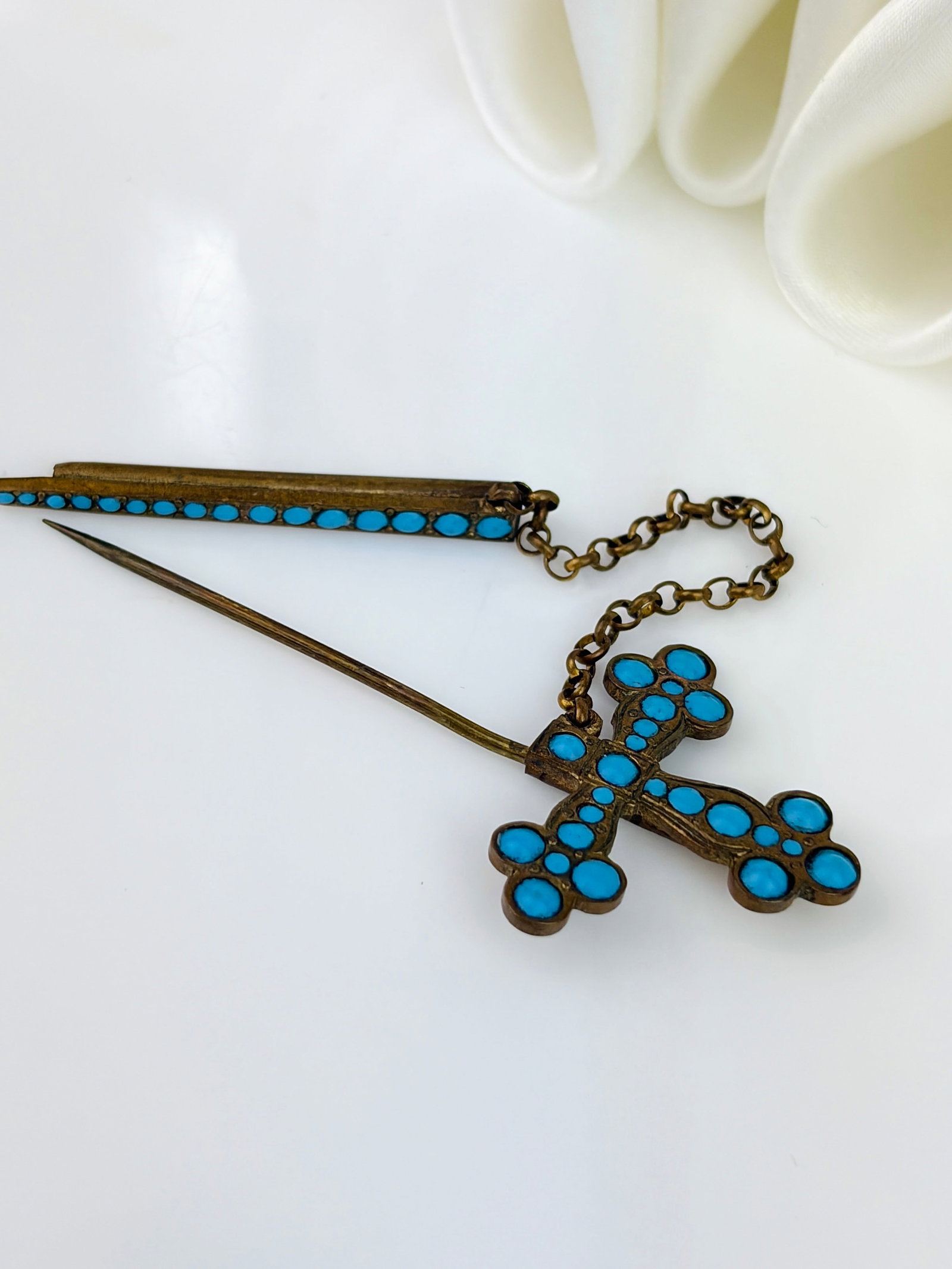 Antique Turquoise Sword Jabot Pin Brooch - 4
