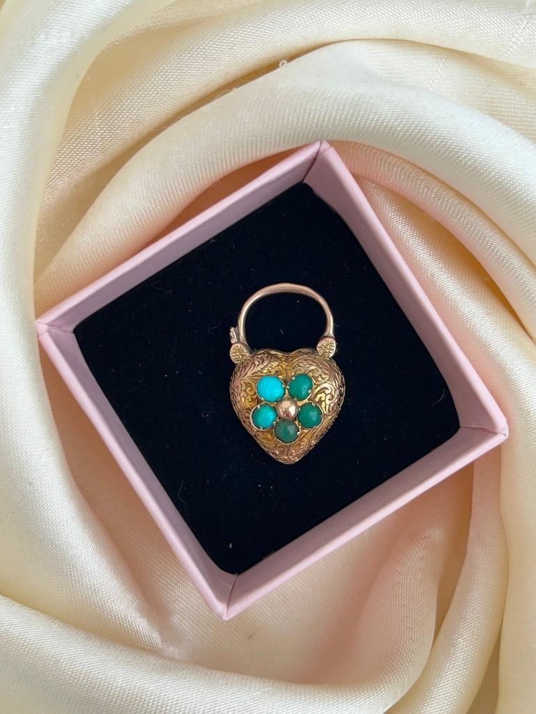 Antique gold turquoise flower locket back padlock pendant - 4