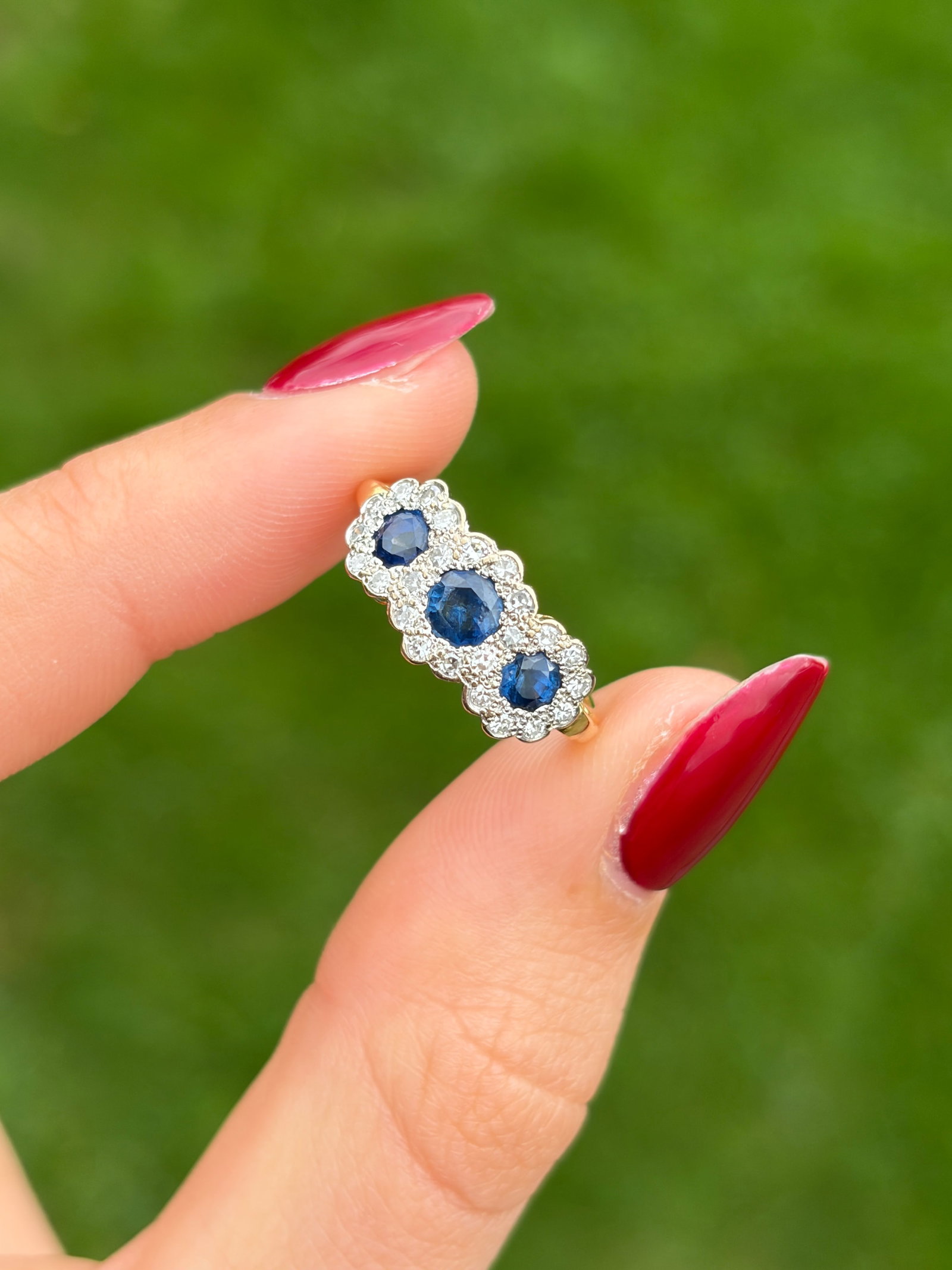 Vintage C.1997 Sapphire and Diamond Triple Cluster Ring in 18ct Yellow Gold - 10