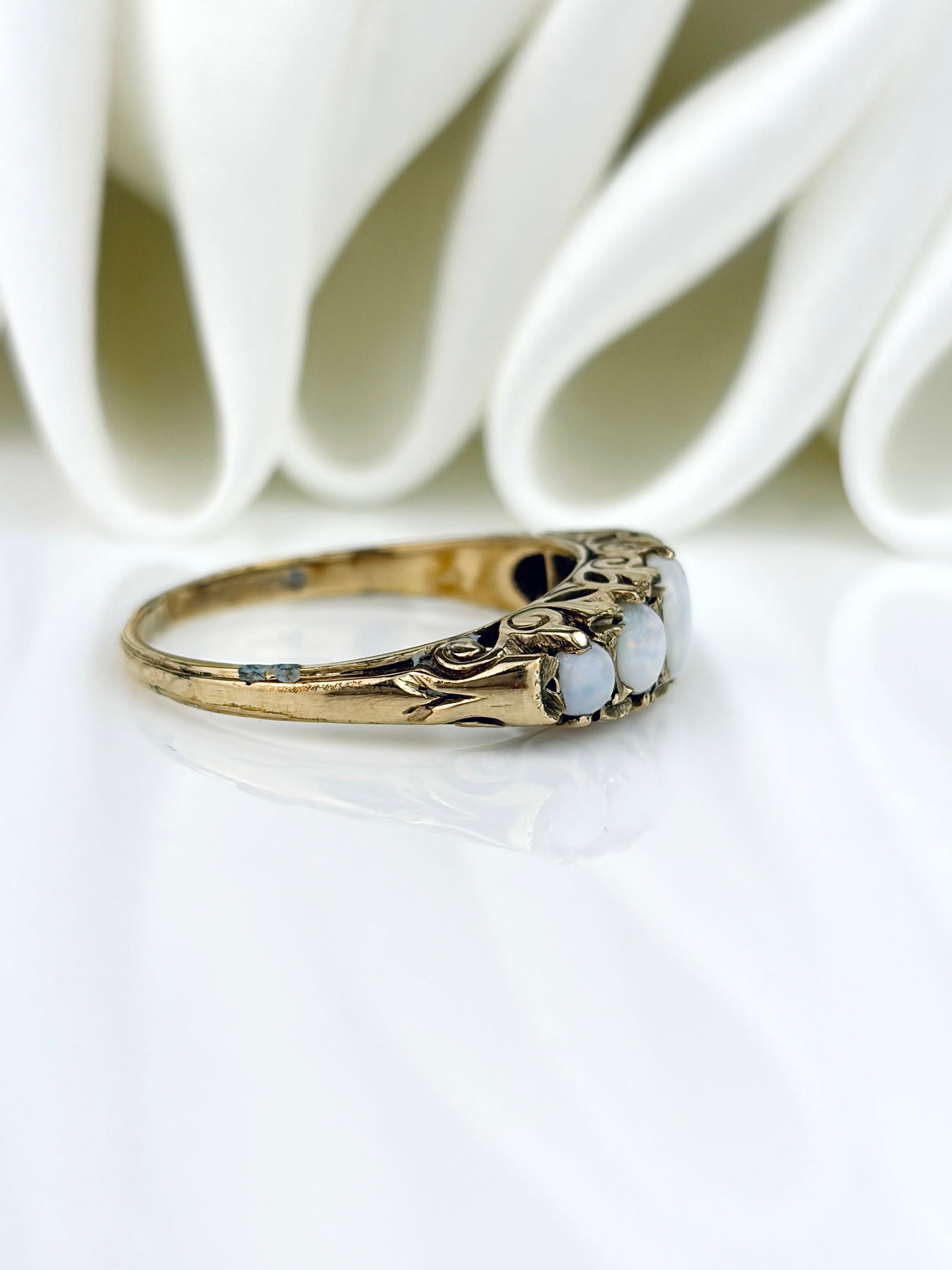 Antique Opal 5 Stone Ring with Scroll Gallery in Gold - 2