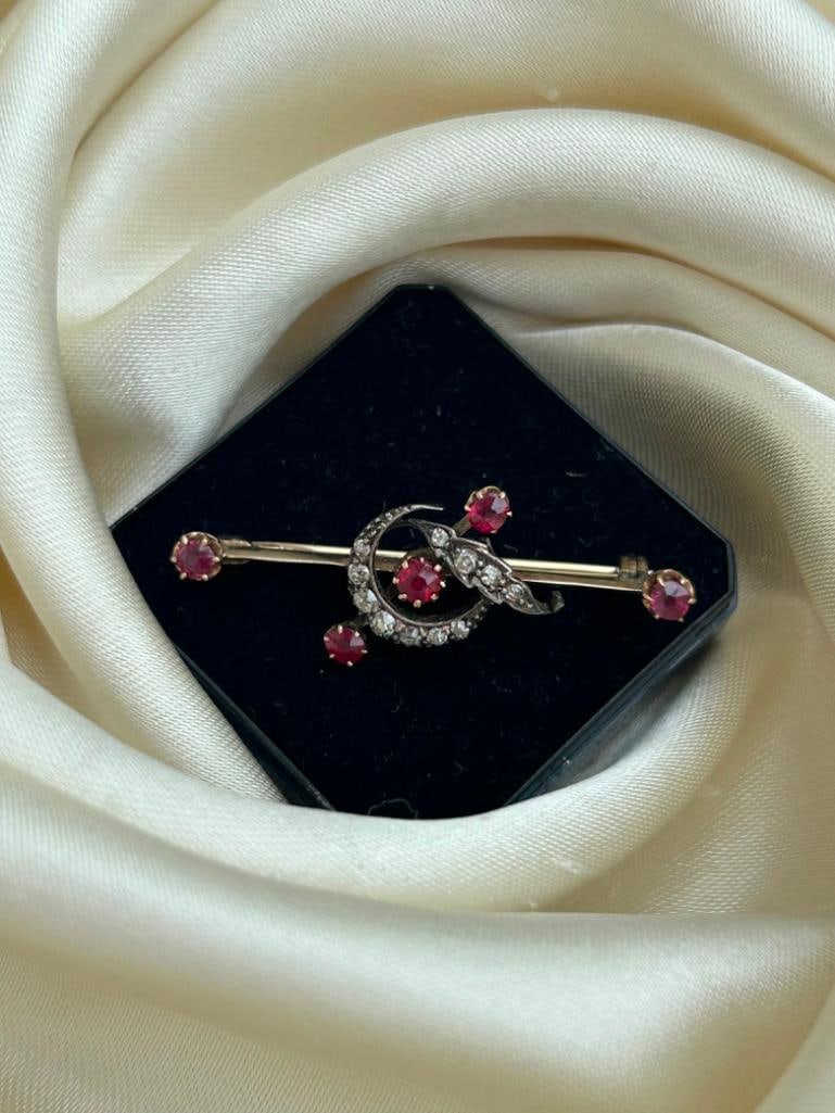 Antique Ruby and Diamond Gold Crescent Bar Brooch - 3