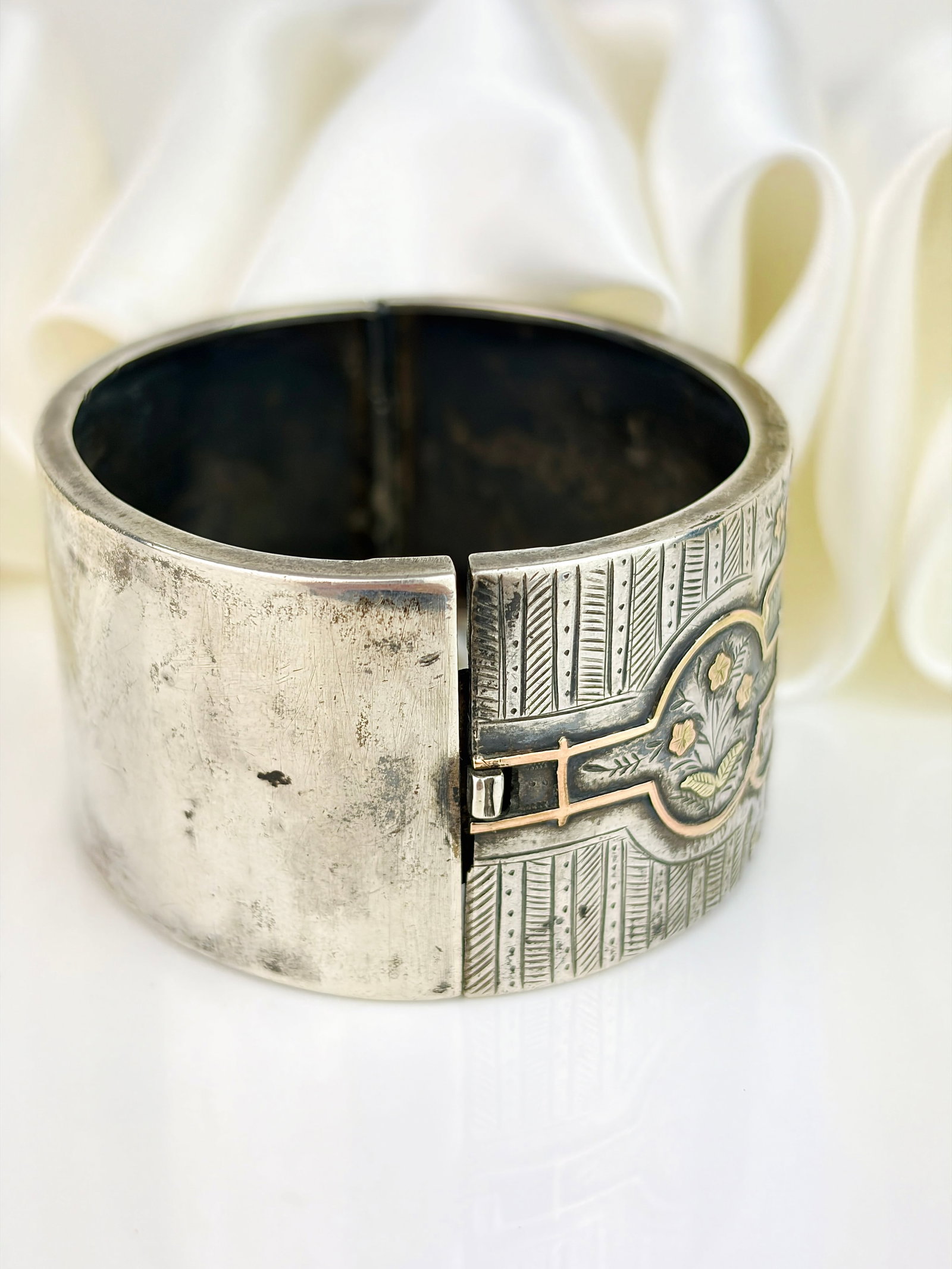 Antique Victorian Wide Gold Overlay Silver Aesthetics Bangle - 3