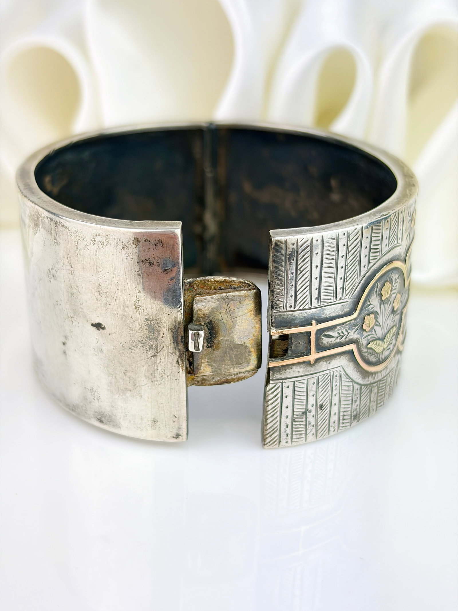Antique Victorian Wide Gold Overlay Silver Aesthetics Bangle - 4